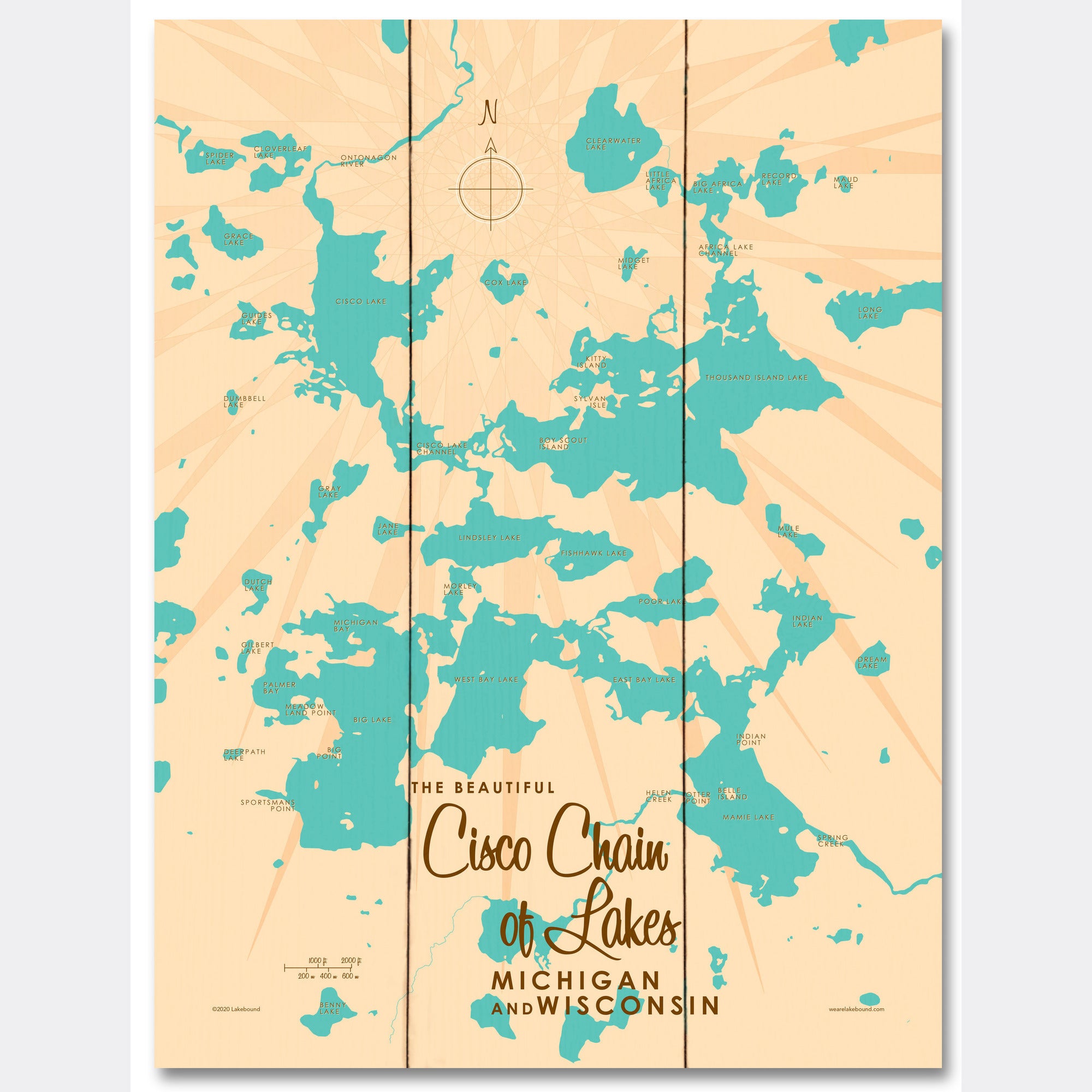 Cisco Chain of Lakes WI Michigan, Wood Sign Map Art