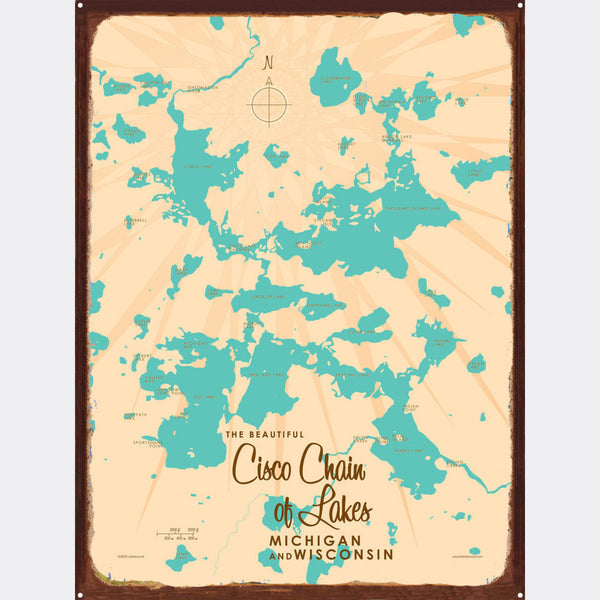 Cisco Chain of Lakes WI Michigan, Rustic Metal Sign Map Art