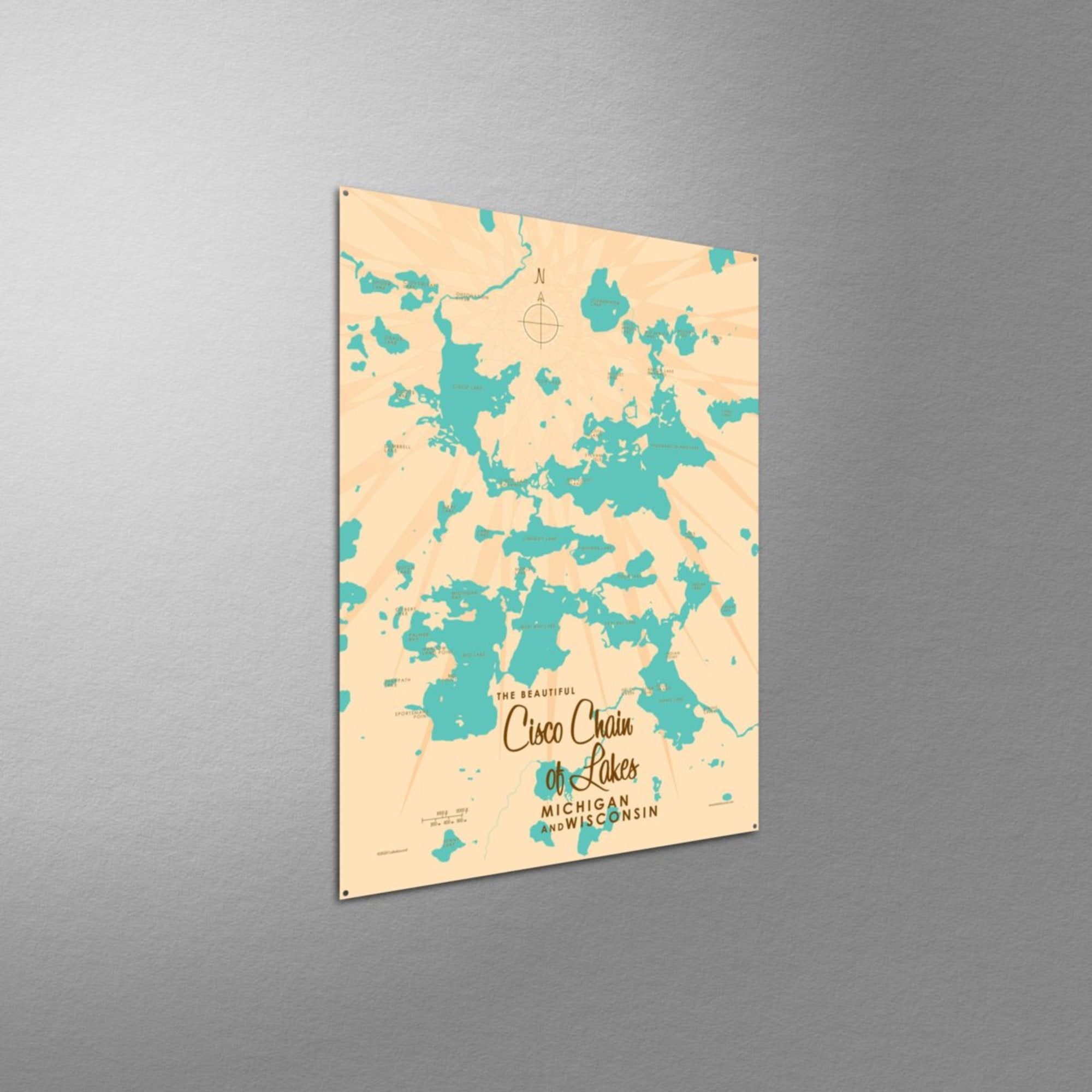 Cisco Chain of Lakes WI Michigan, Metal Sign Map Art