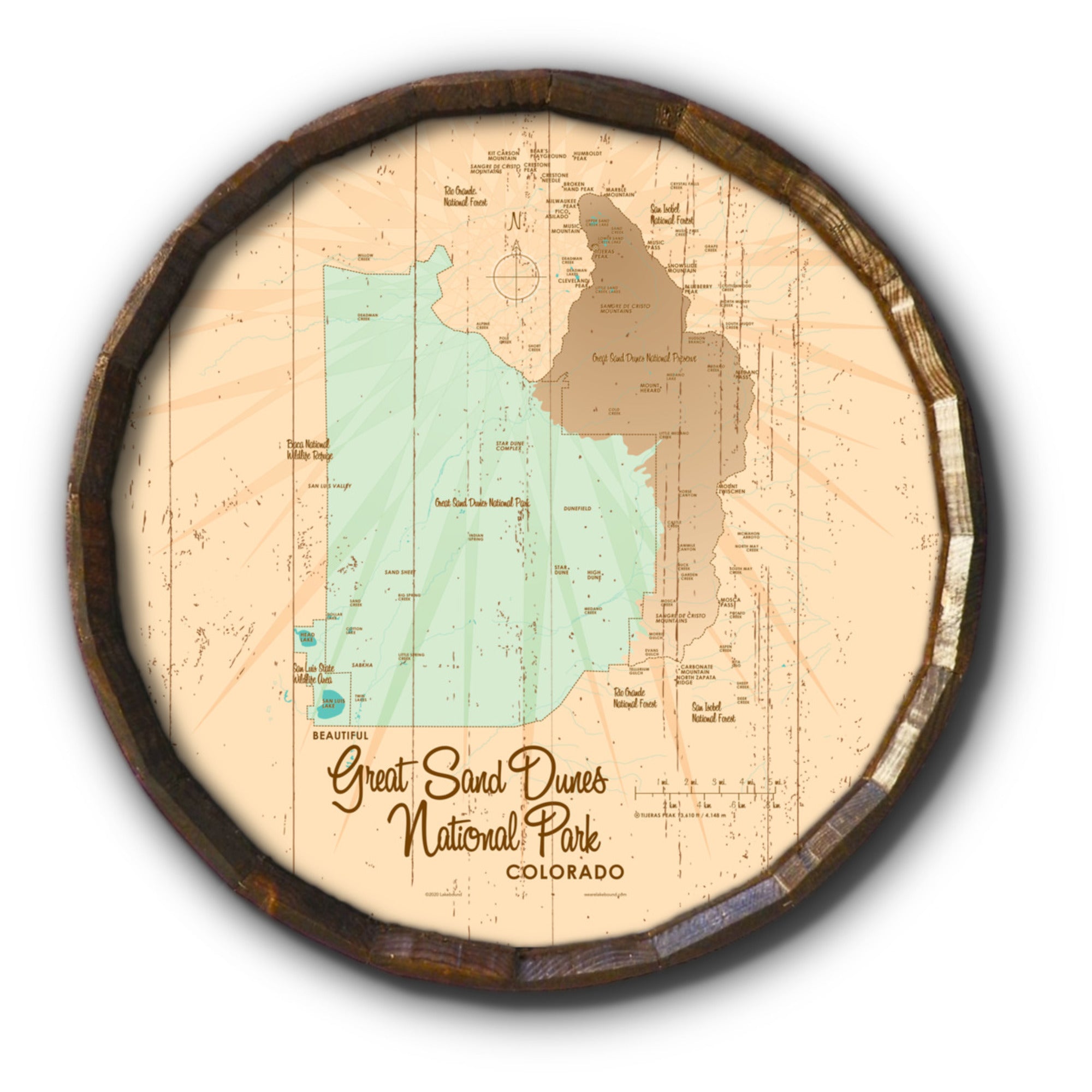 Great Sand Dunes National Park Colorado, Rustic Barrel End Map Art