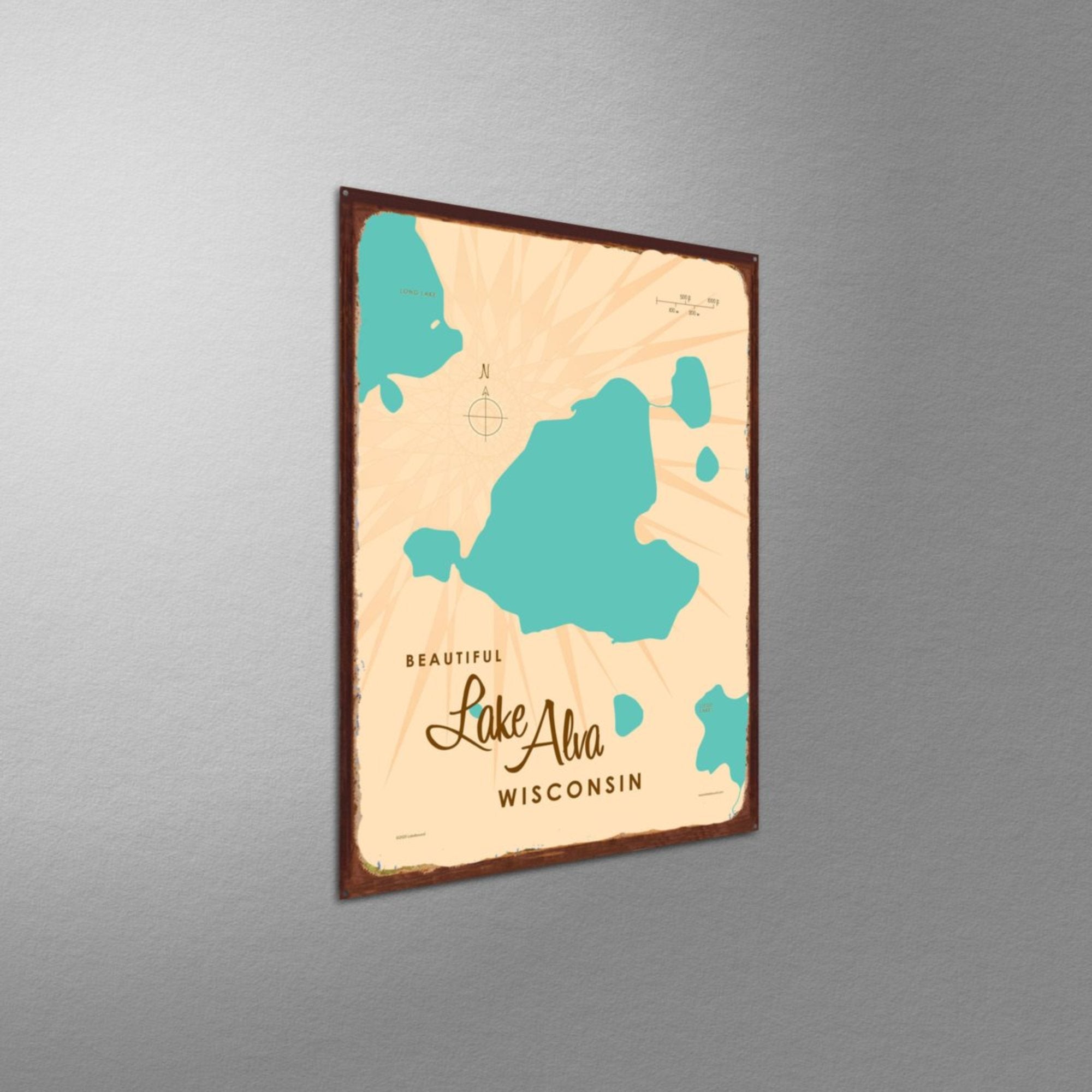 Lake Alva Wisconsin, Rustic Metal Sign Map Art