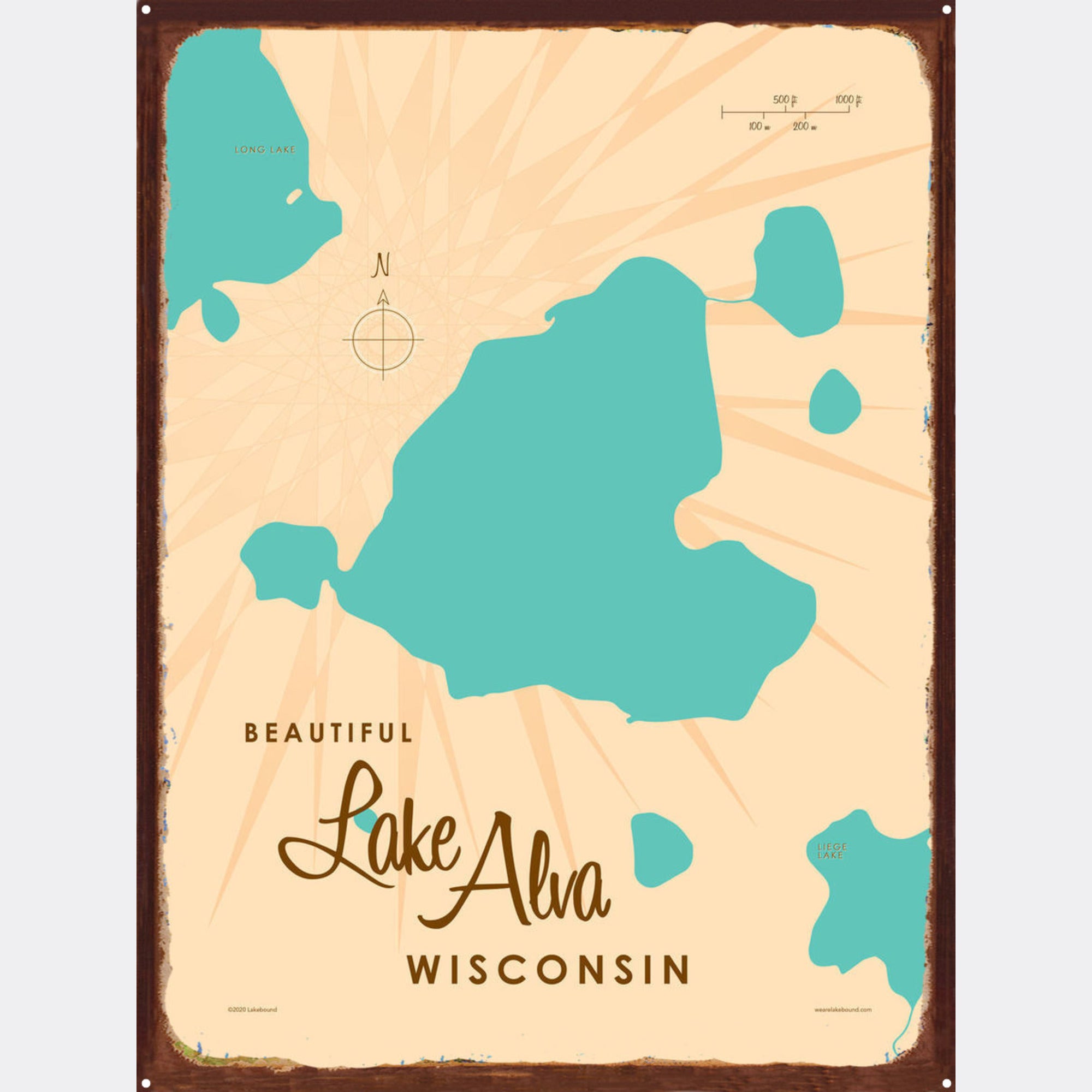 Lake Alva Wisconsin, Rustic Metal Sign Map Art