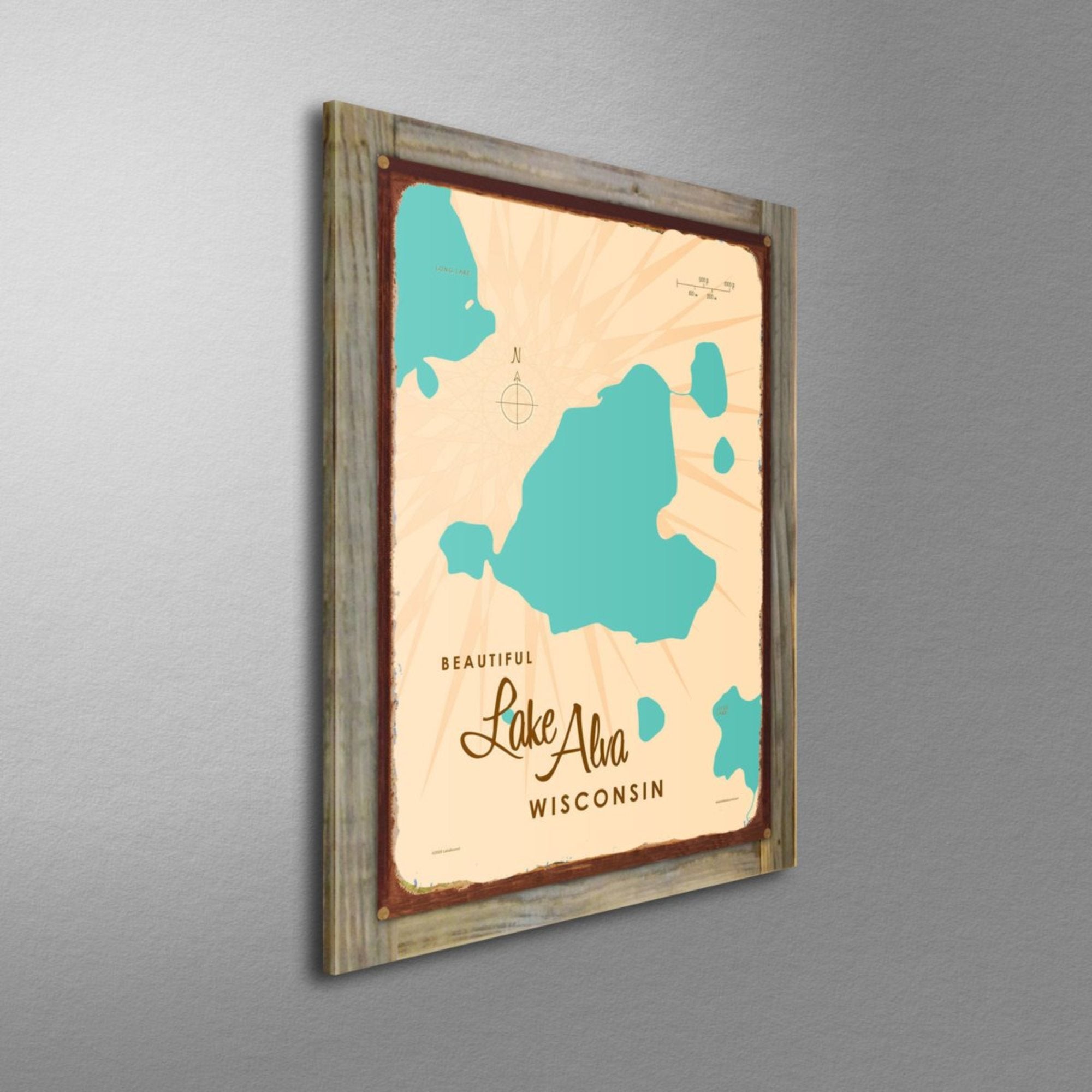 Lake Alva Wisconsin, Wood-Mounted Rustic Metal Sign Map Art