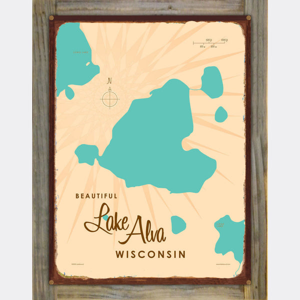 Lake Alva Wisconsin, Wood-Mounted Rustic Metal Sign Map Art