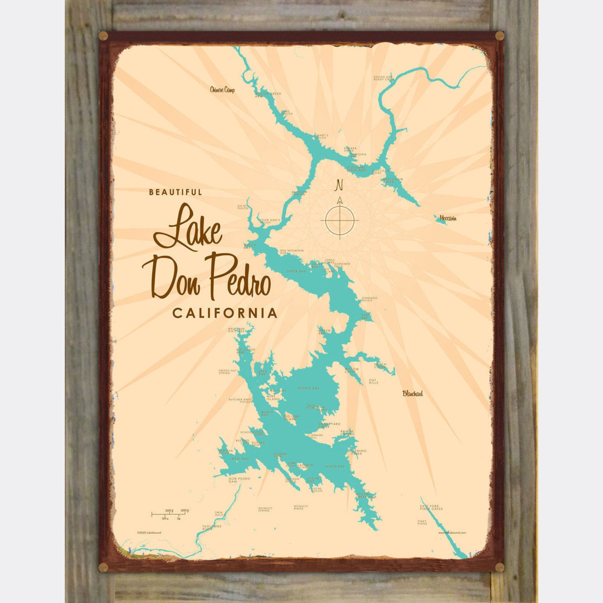 Lake Don Pedro California, Wood-Mounted Rustic Metal Sign Map Art