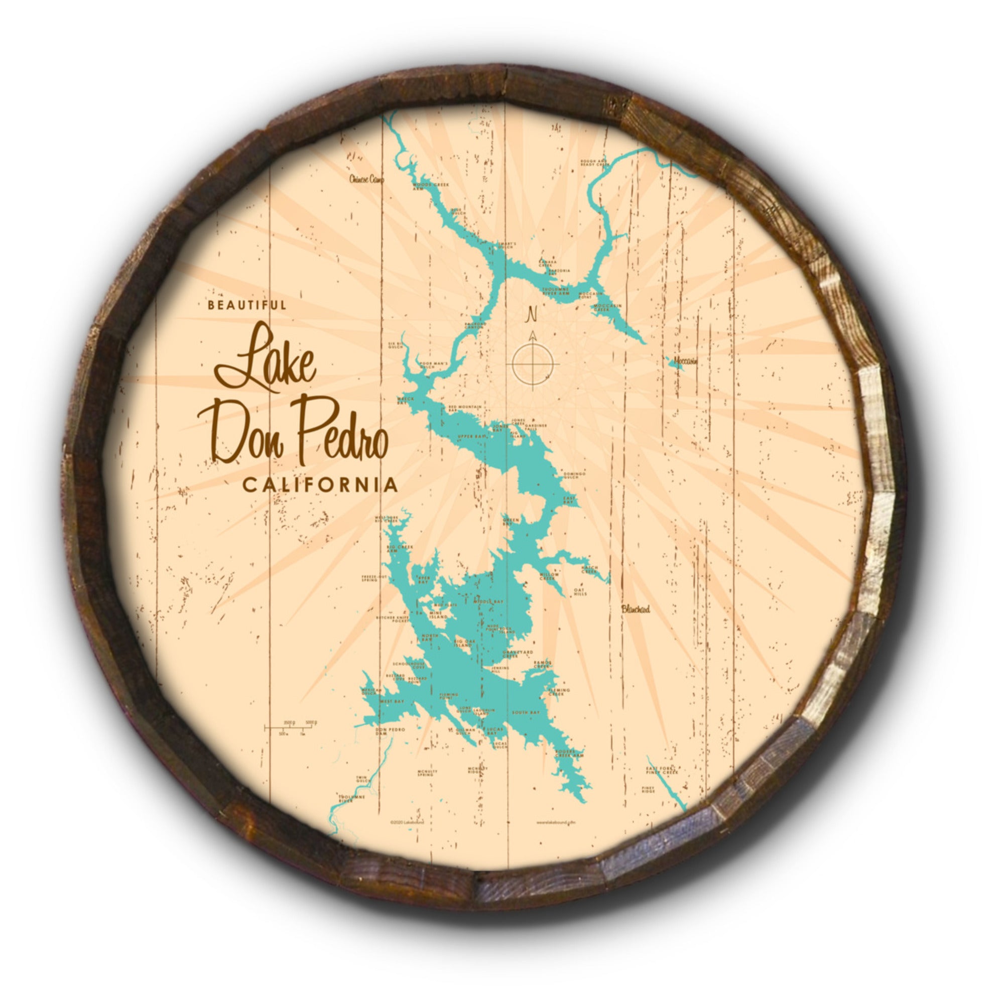 Lake Don Pedro California, Rustic Barrel End Map Art