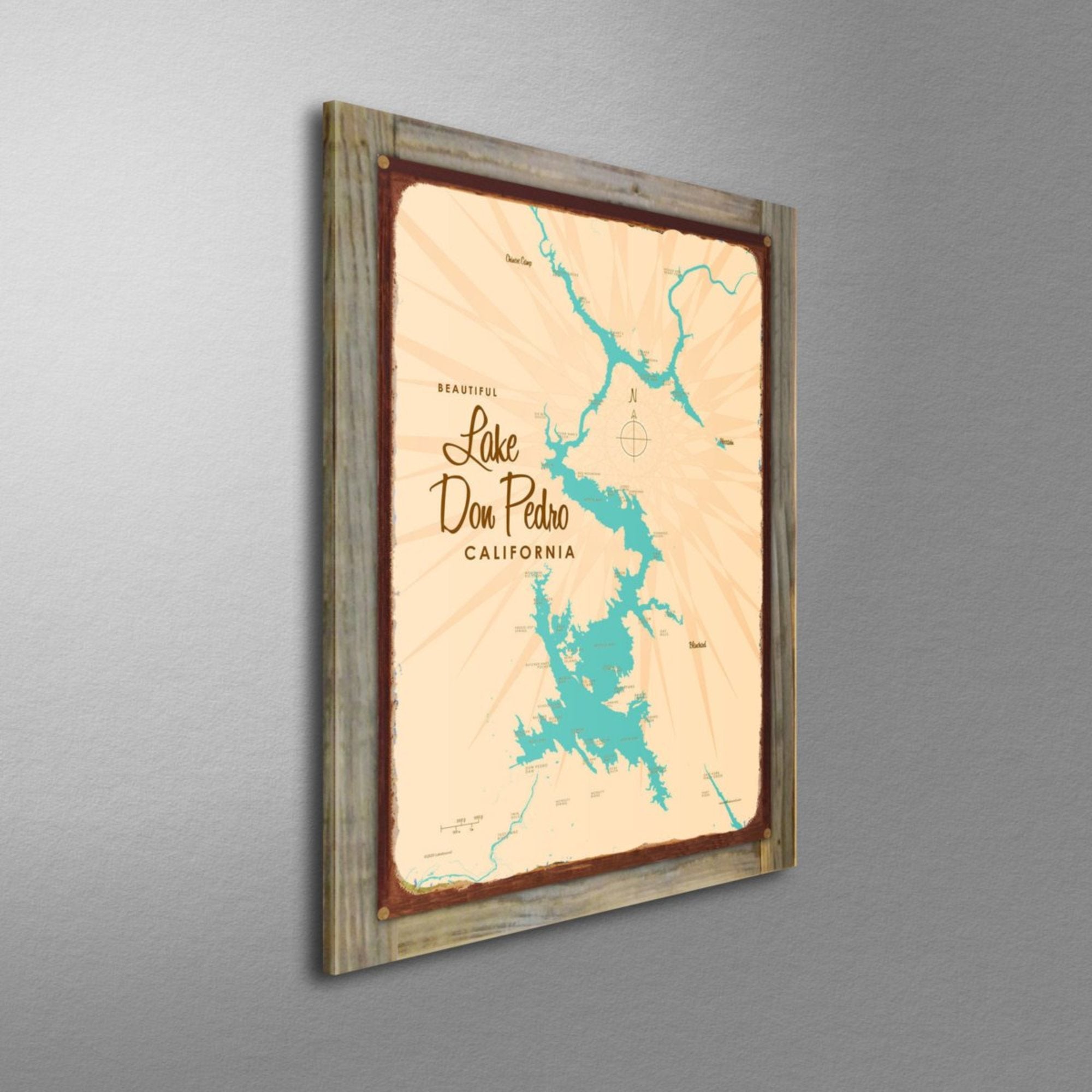 Lake Don Pedro California, Wood-Mounted Rustic Metal Sign Map Art