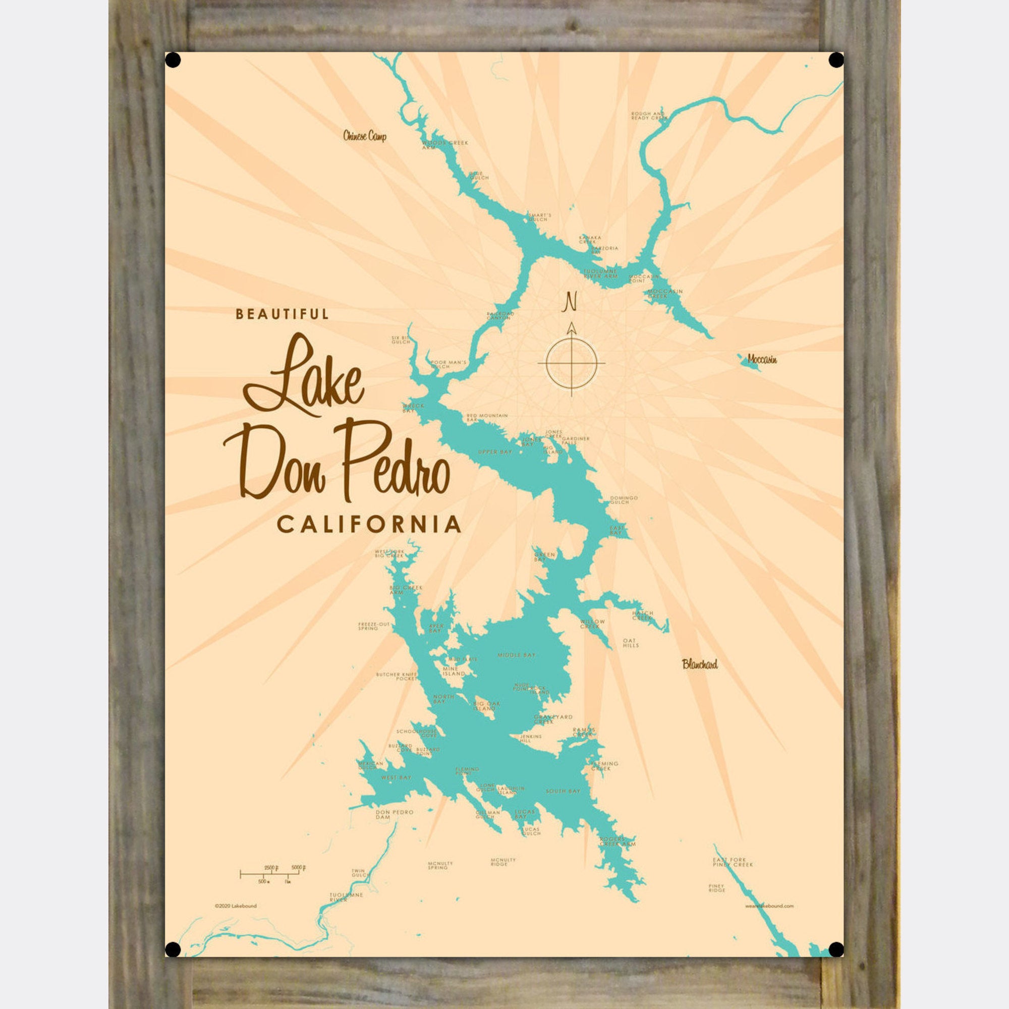 Lake Don Pedro California, Wood-Mounted Metal Sign Map Art