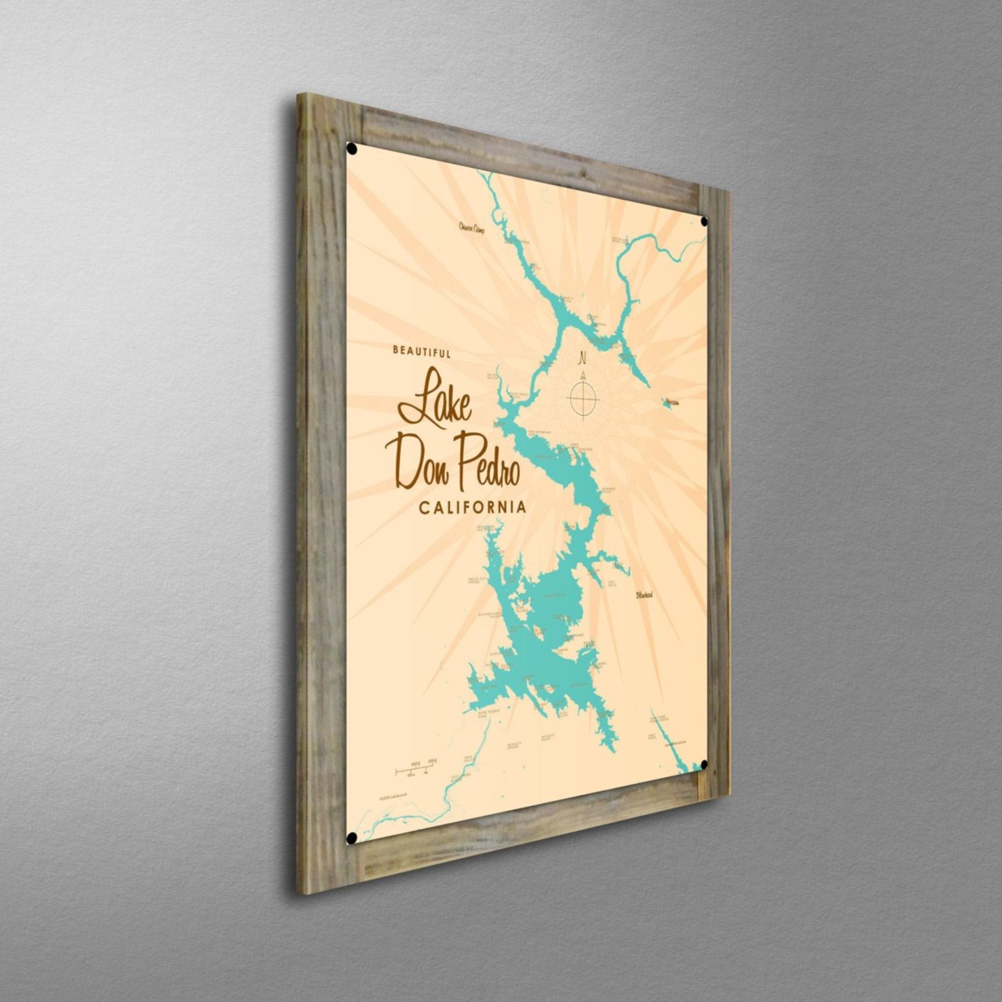 Lake Don Pedro California, Wood-Mounted Metal Sign Map Art