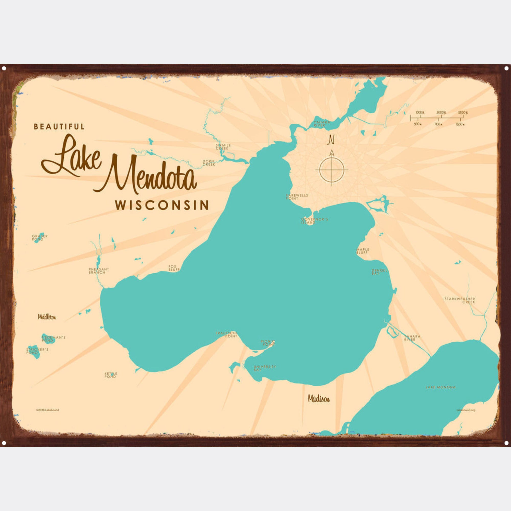Lake Mendota Wisconsin, Rustic Metal Sign Map Art