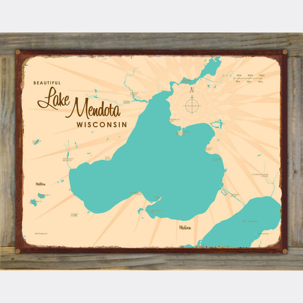 Lake Mendota Wisconsin, Wood-Mounted Rustic Metal Sign Map Art