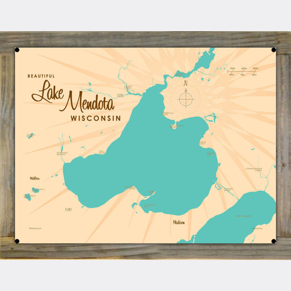 Lake Mendota Wisconsin, Wood-Mounted Metal Sign Map Art