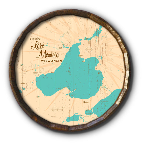Lake Mendota Wisconsin, Rustic Barrel End Map Art