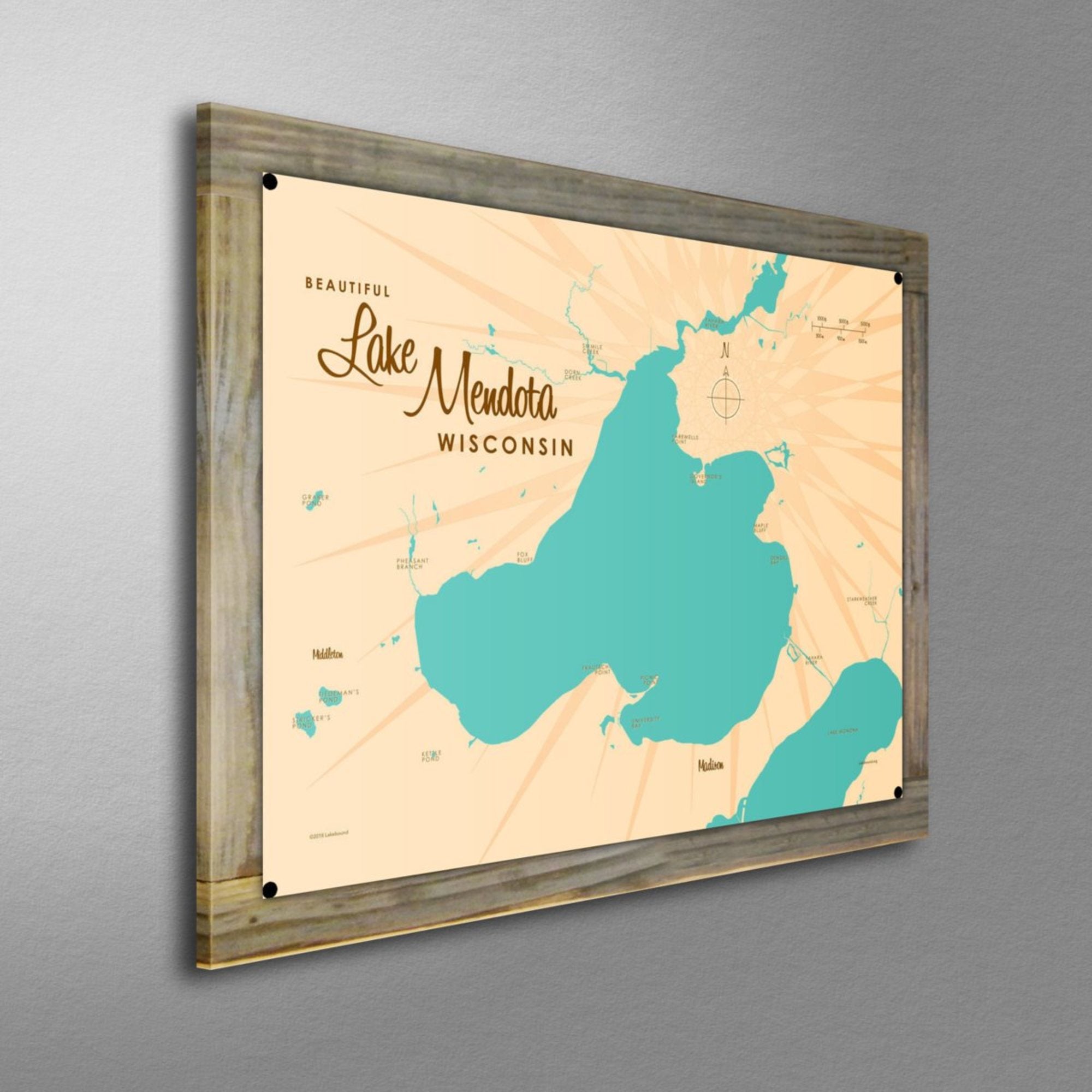 Lake Mendota Wisconsin, Wood-Mounted Metal Sign Map Art