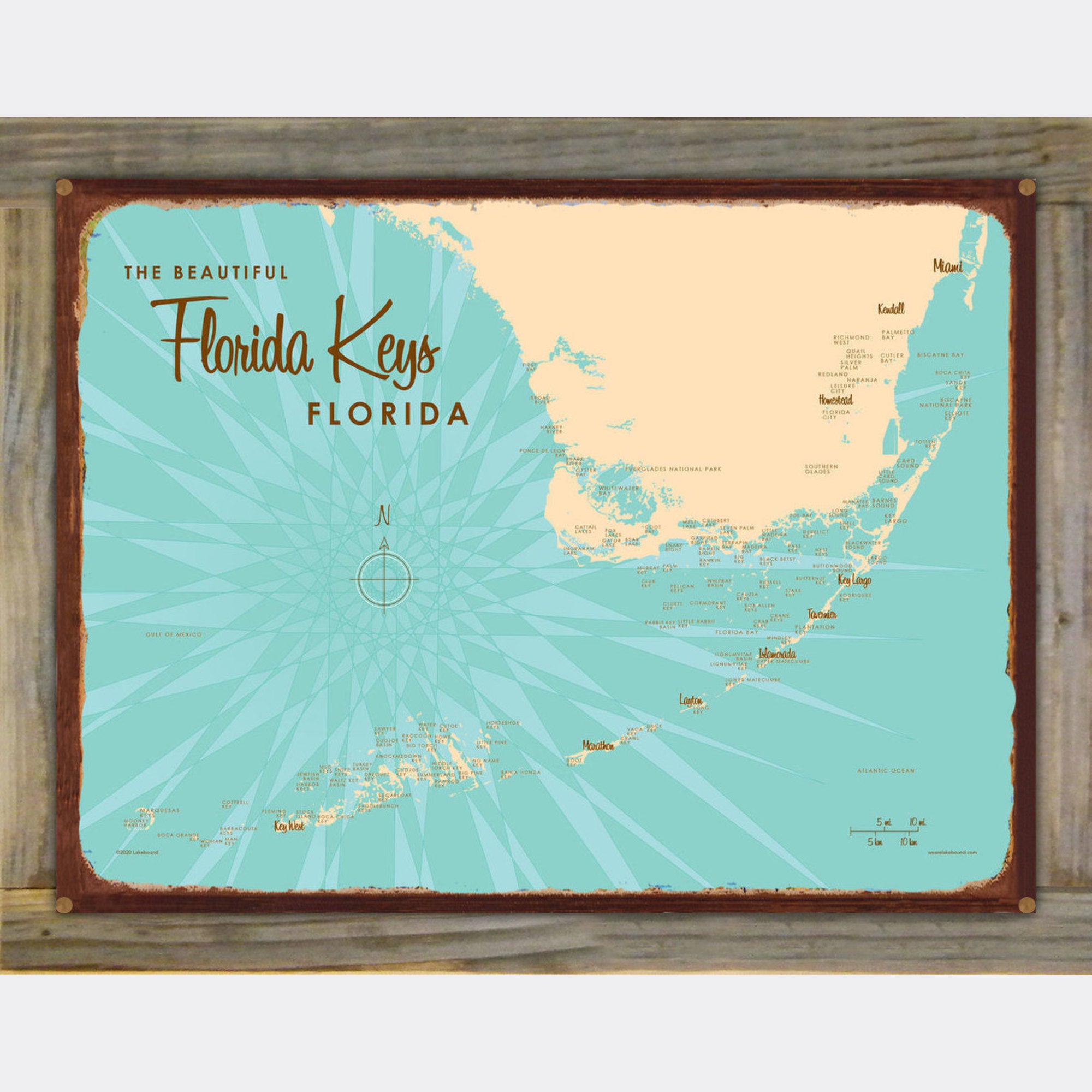 Florida Keys Florida, Wood-Mounted Rustic Metal Sign Map Art