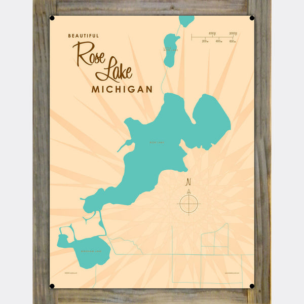 Rose Lake Michigan, Wood-Mounted Metal Sign Map Art