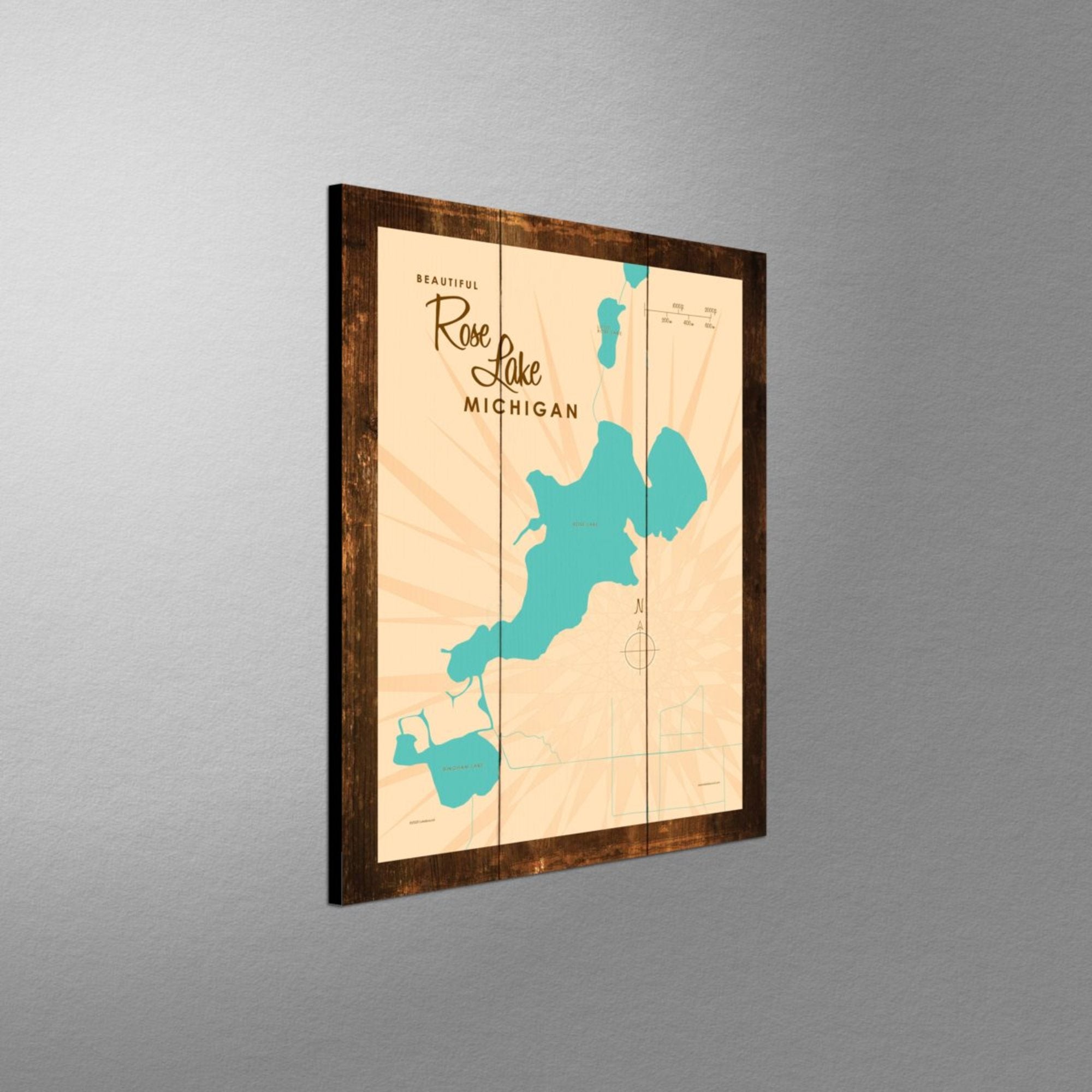 Rose Lake Michigan, Rustic Wood Sign Map Art