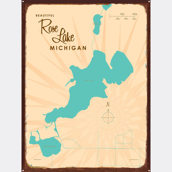 Rose Lake Michigan, Rustic Metal Sign Map Art
