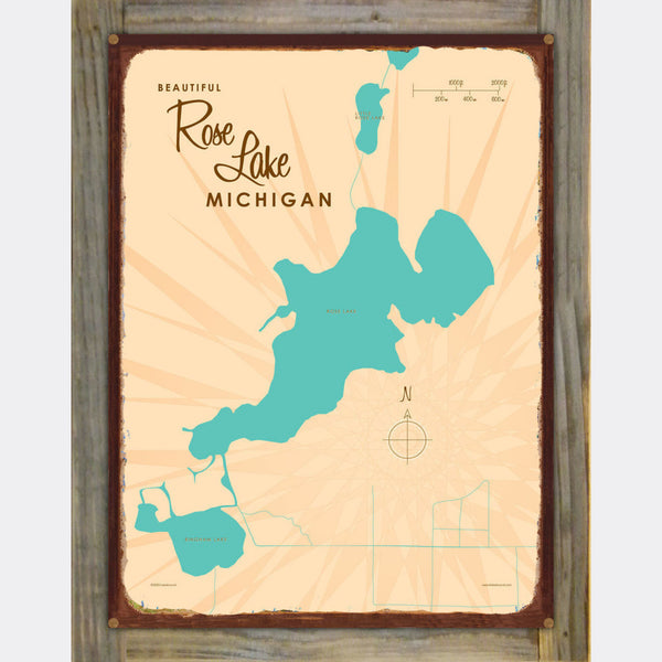 Rose Lake Michigan, Wood-Mounted Rustic Metal Sign Map Art