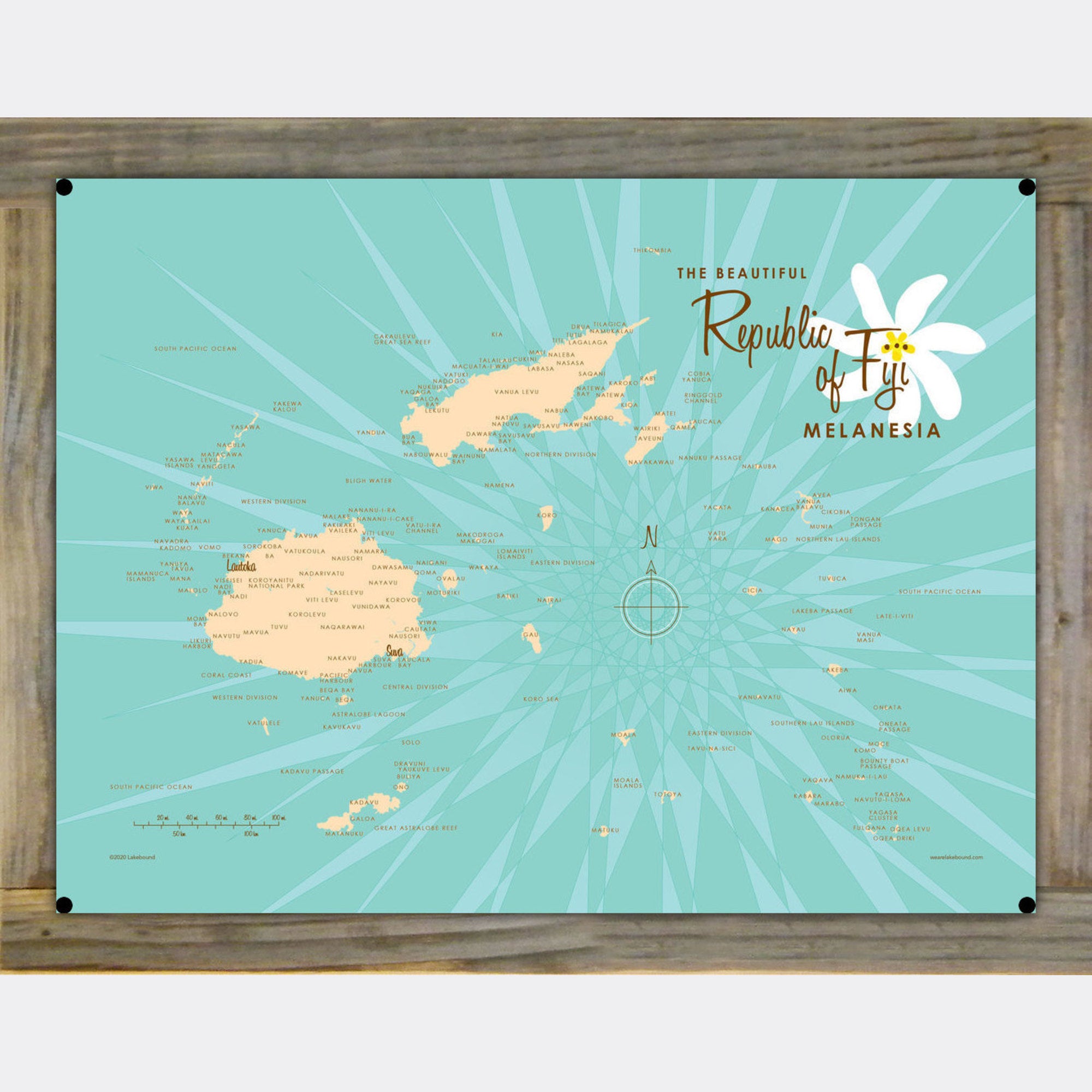 Republic of Fiji Melanesia, Wood-Mounted Metal Sign Map Art