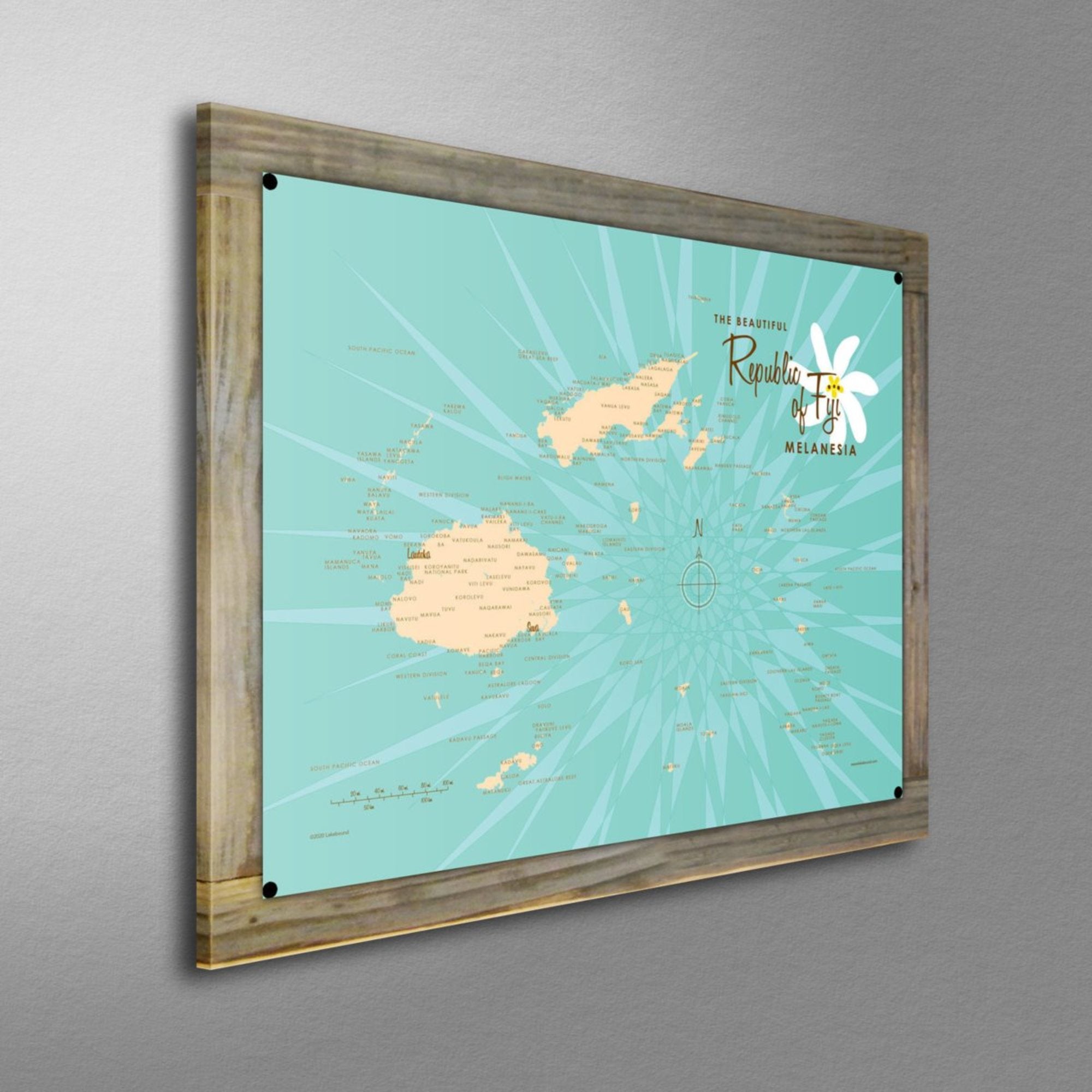 Republic of Fiji Melanesia, Wood-Mounted Metal Sign Map Art