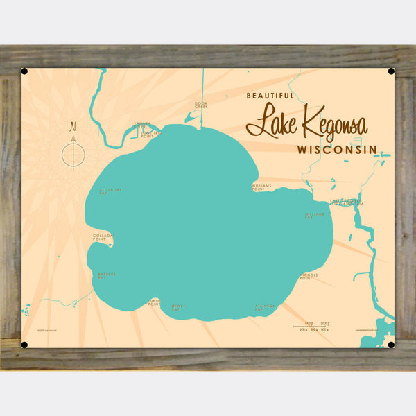 Lake Kegonsa Wisconsin, Wood-Mounted Metal Sign Map Art