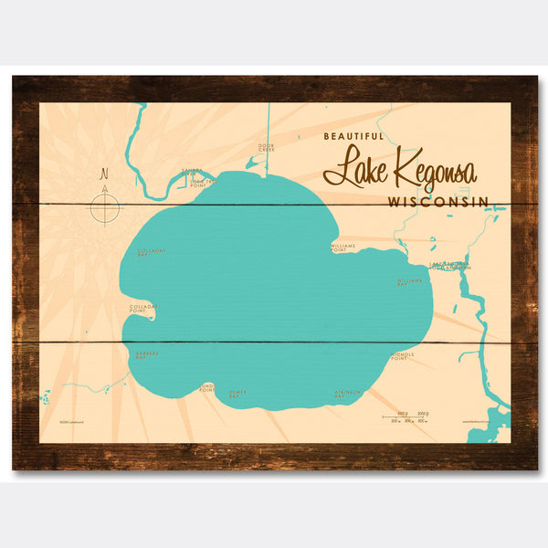 Lake Kegonsa Wisconsin, Rustic Wood Sign Map Art