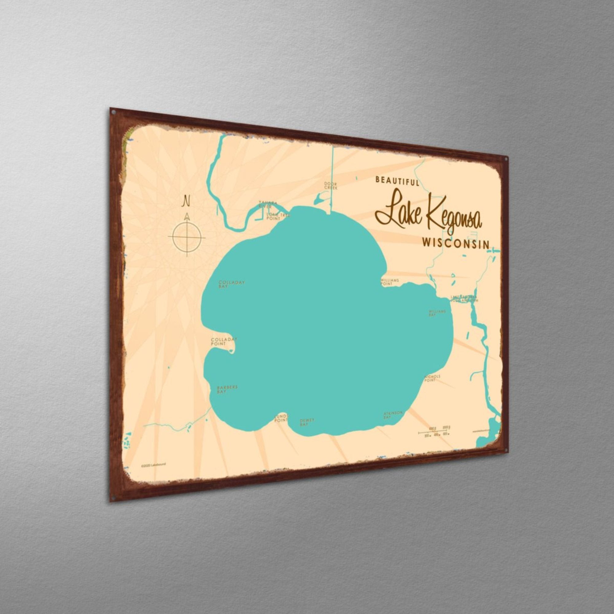 Lake Kegonsa Wisconsin, Rustic Metal Sign Map Art