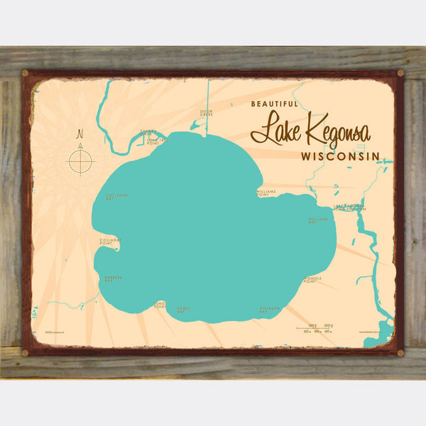 Lake Kegonsa Wisconsin, Wood-Mounted Rustic Metal Sign Map Art