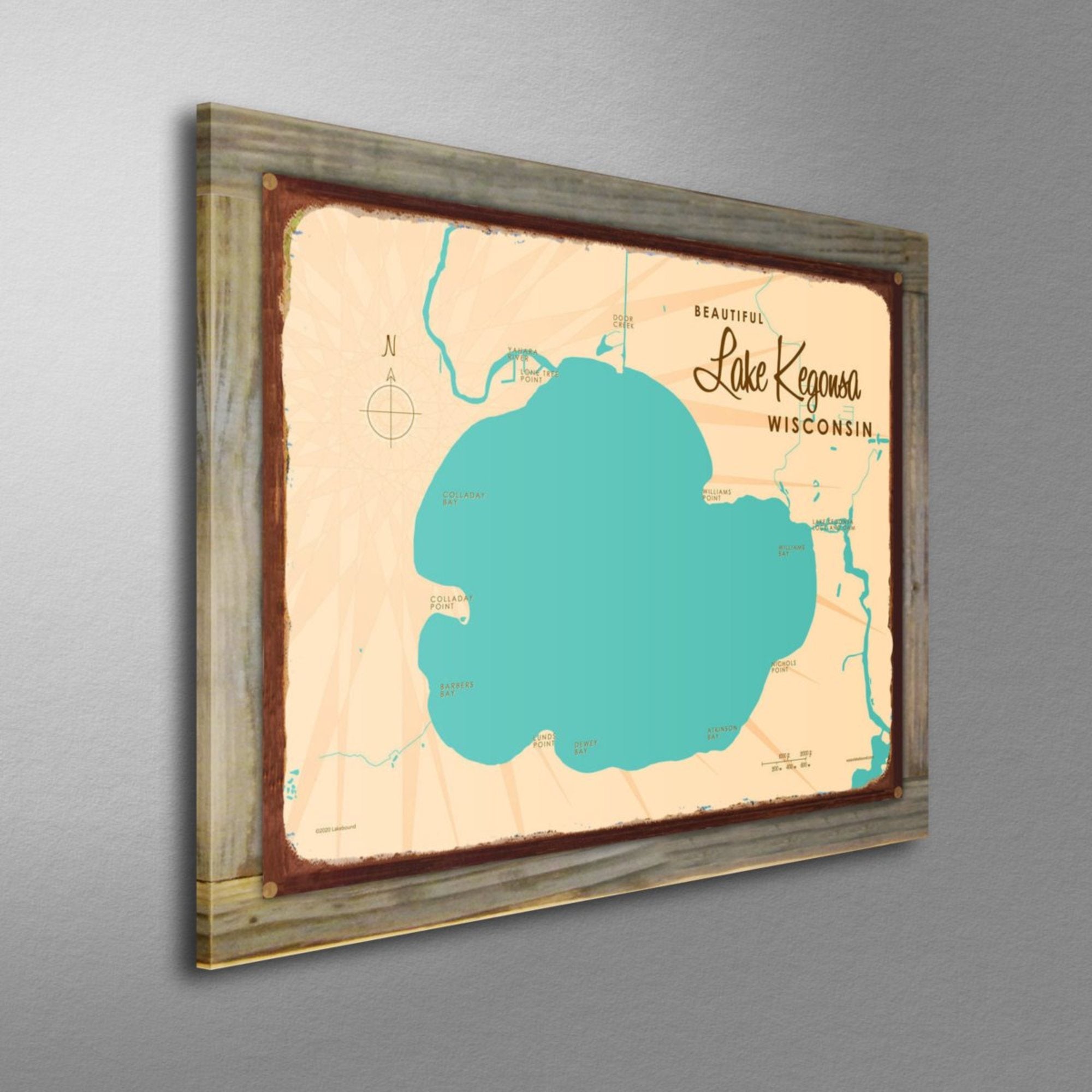 Lake Kegonsa Wisconsin, Wood-Mounted Rustic Metal Sign Map Art