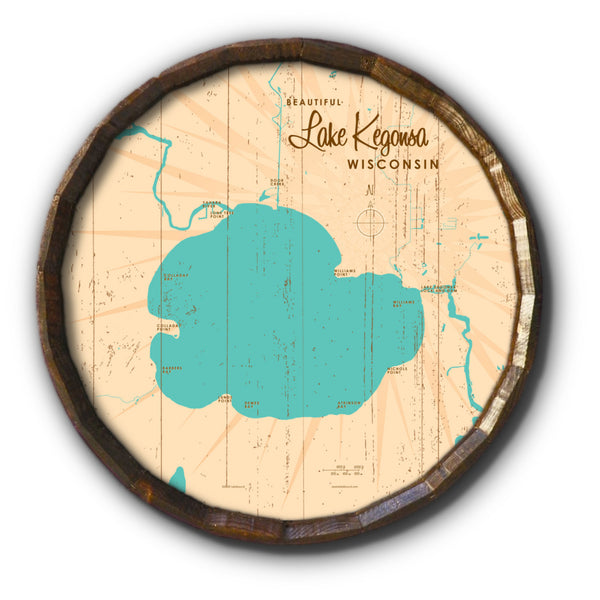 Lake Kegonsa Wisconsin, Rustic Barrel End Map Art