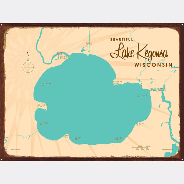 Lake Kegonsa Wisconsin, Rustic Metal Sign Map Art
