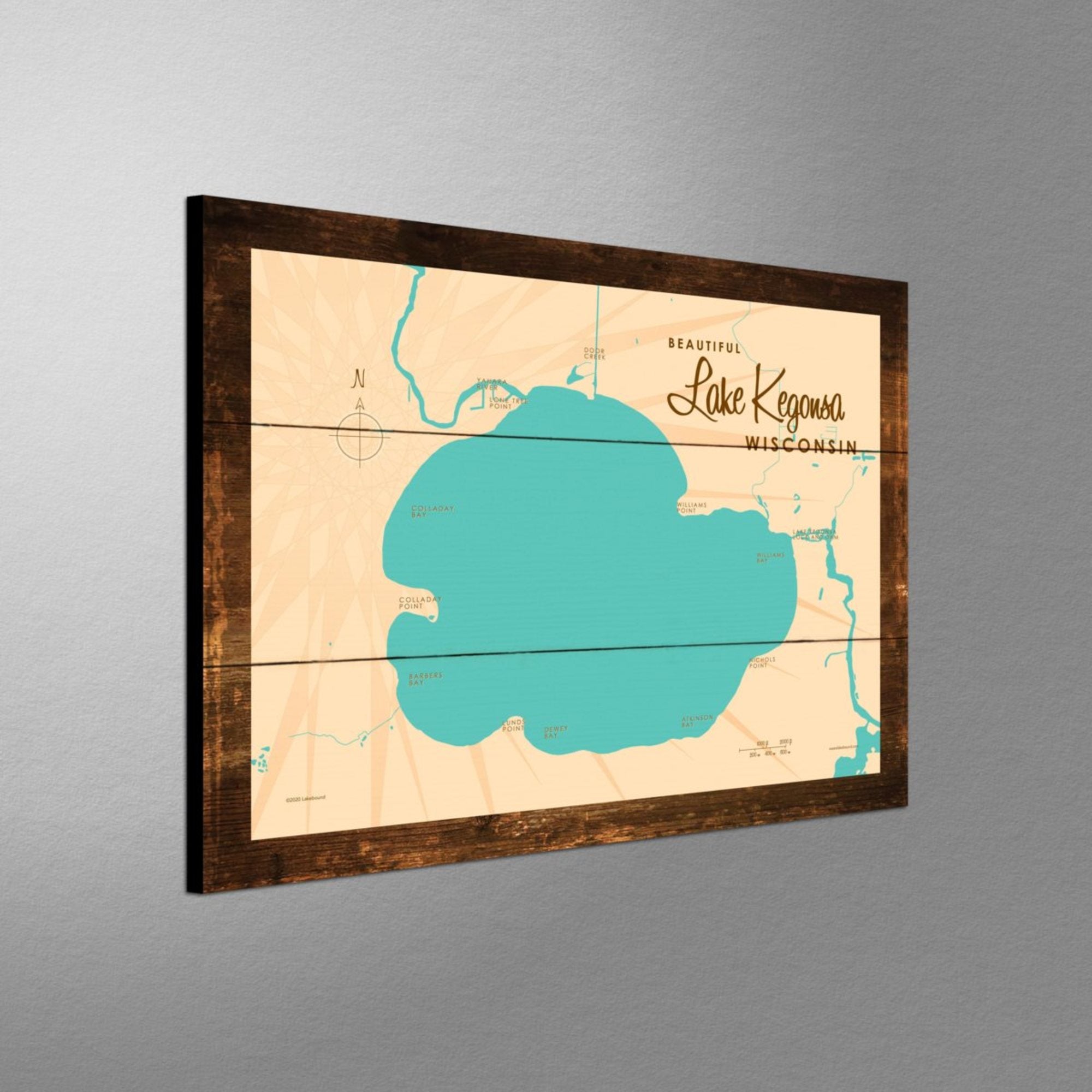 Lake Kegonsa Wisconsin, Rustic Wood Sign Map Art