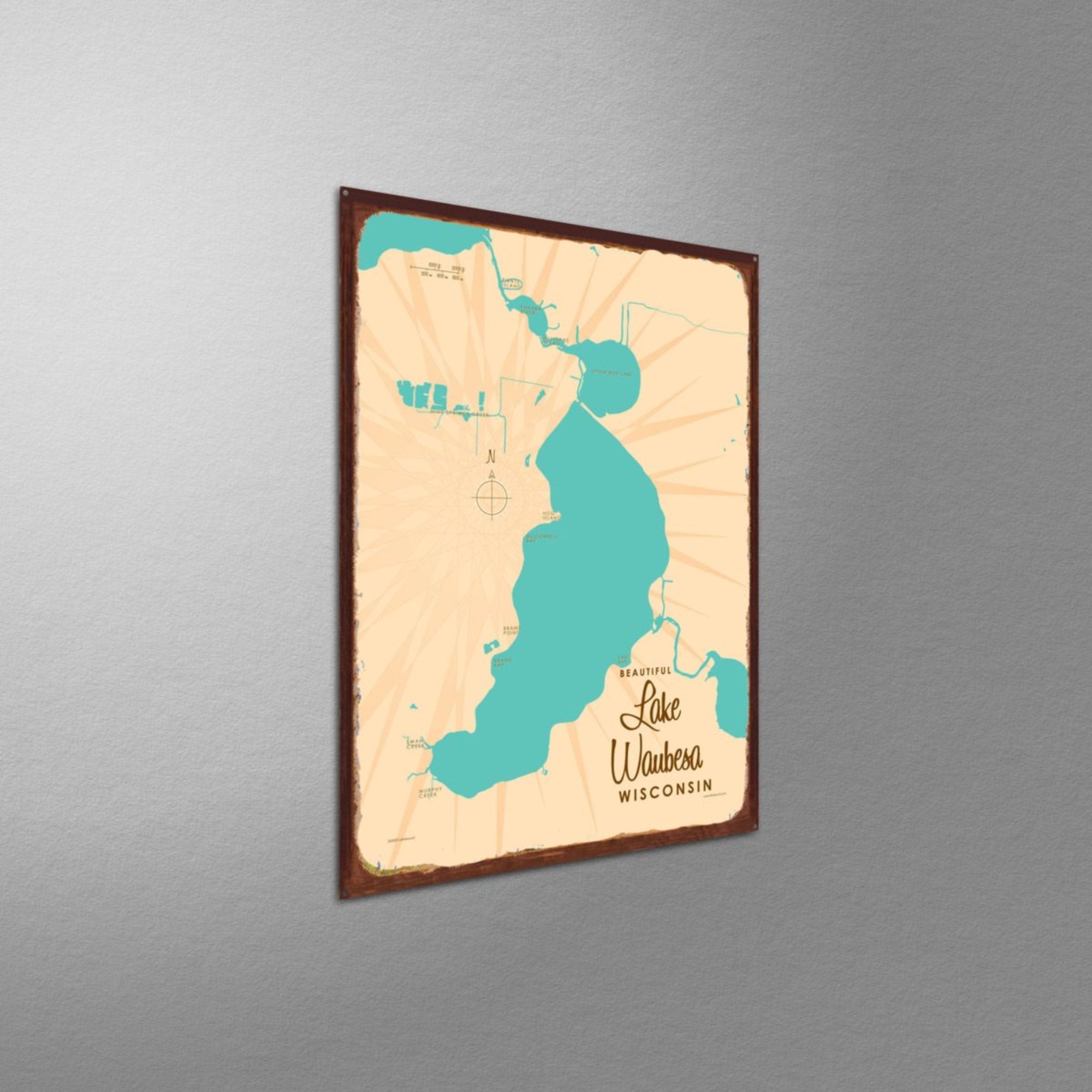 Lake Waubesa Wisconsin, Rustic Metal Sign Map Art