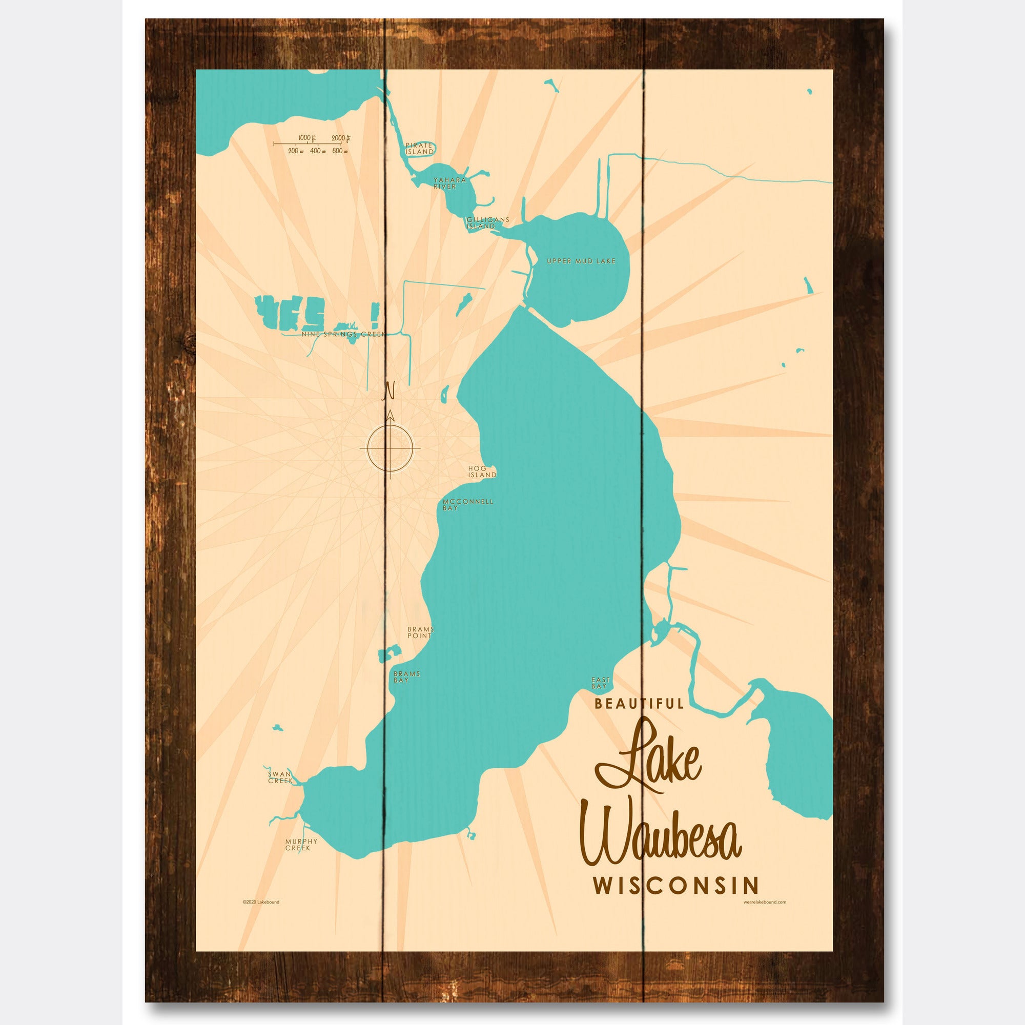 Lake Waubesa Wisconsin, Rustic Wood Sign Map Art