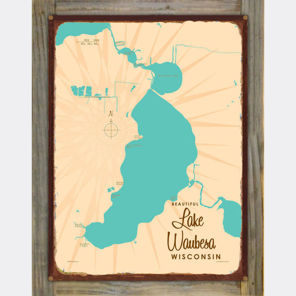 Lake Waubesa Wisconsin, Wood-Mounted Rustic Metal Sign Map Art