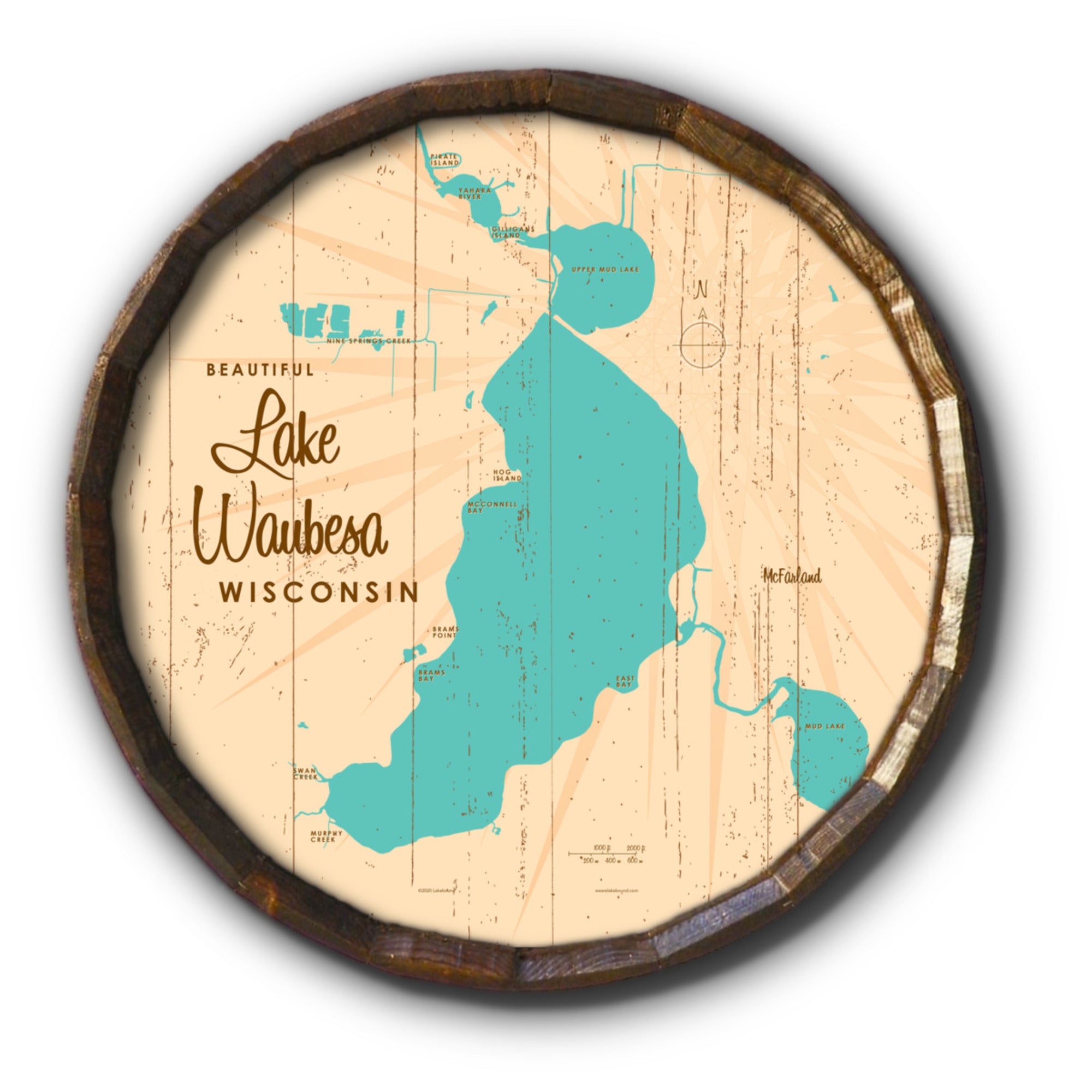 Lake Waubesa Wisconsin, Rustic Barrel End Map Art