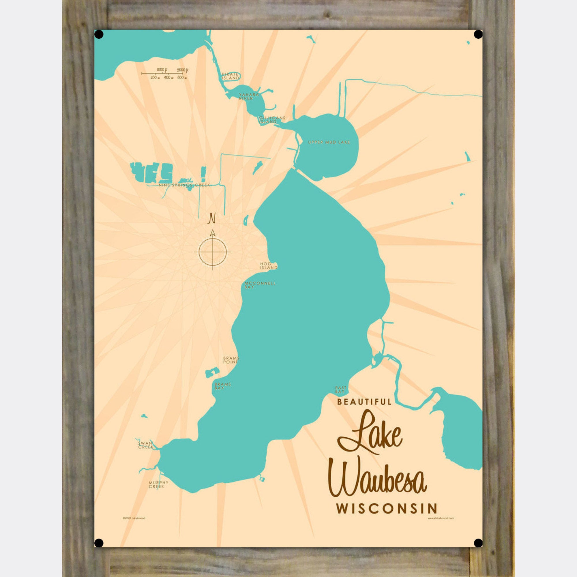 Lake Waubesa Wisconsin, Wood-Mounted Metal Sign Map Art
