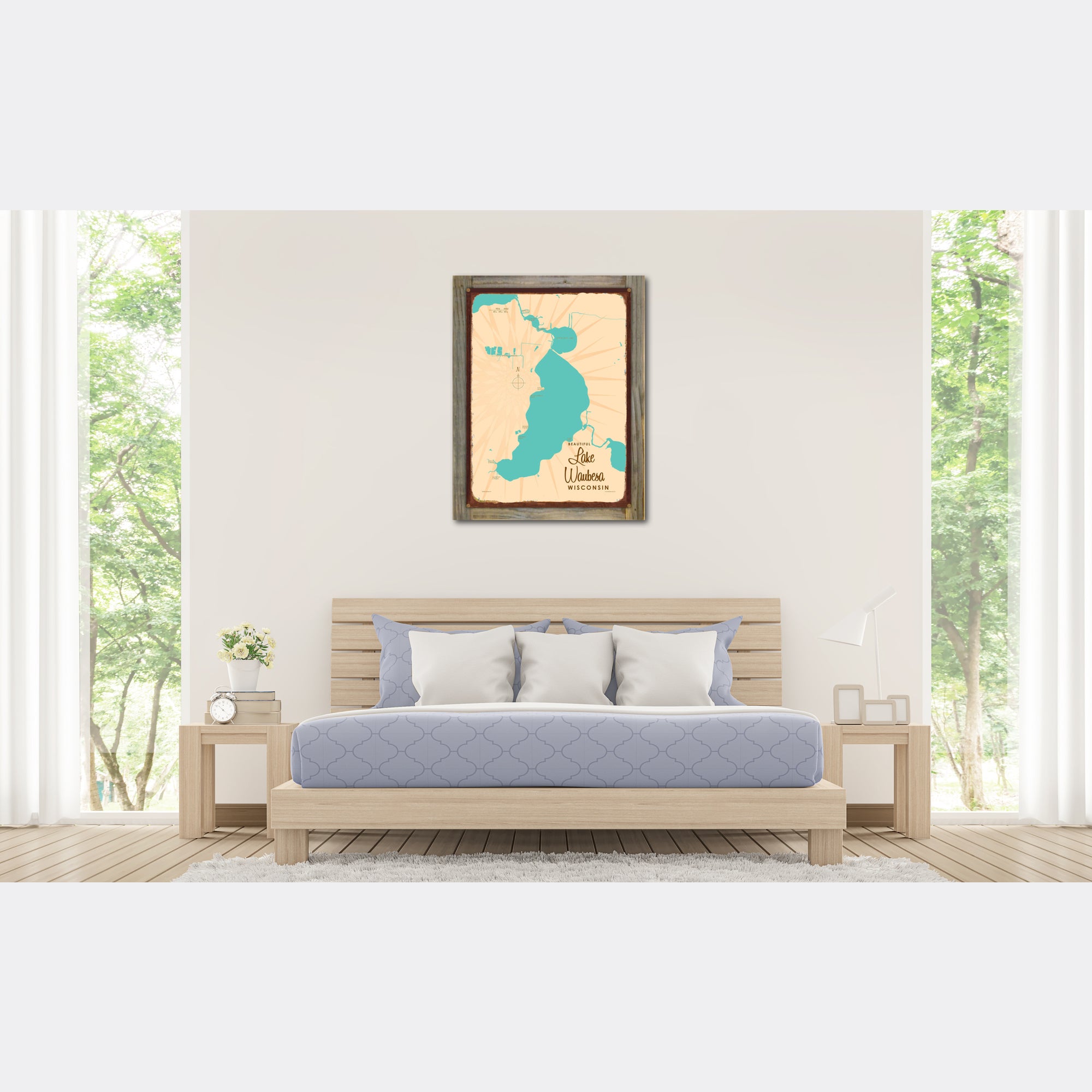 Lake Waubesa Wisconsin, Wood-Mounted Rustic Metal Sign Map Art