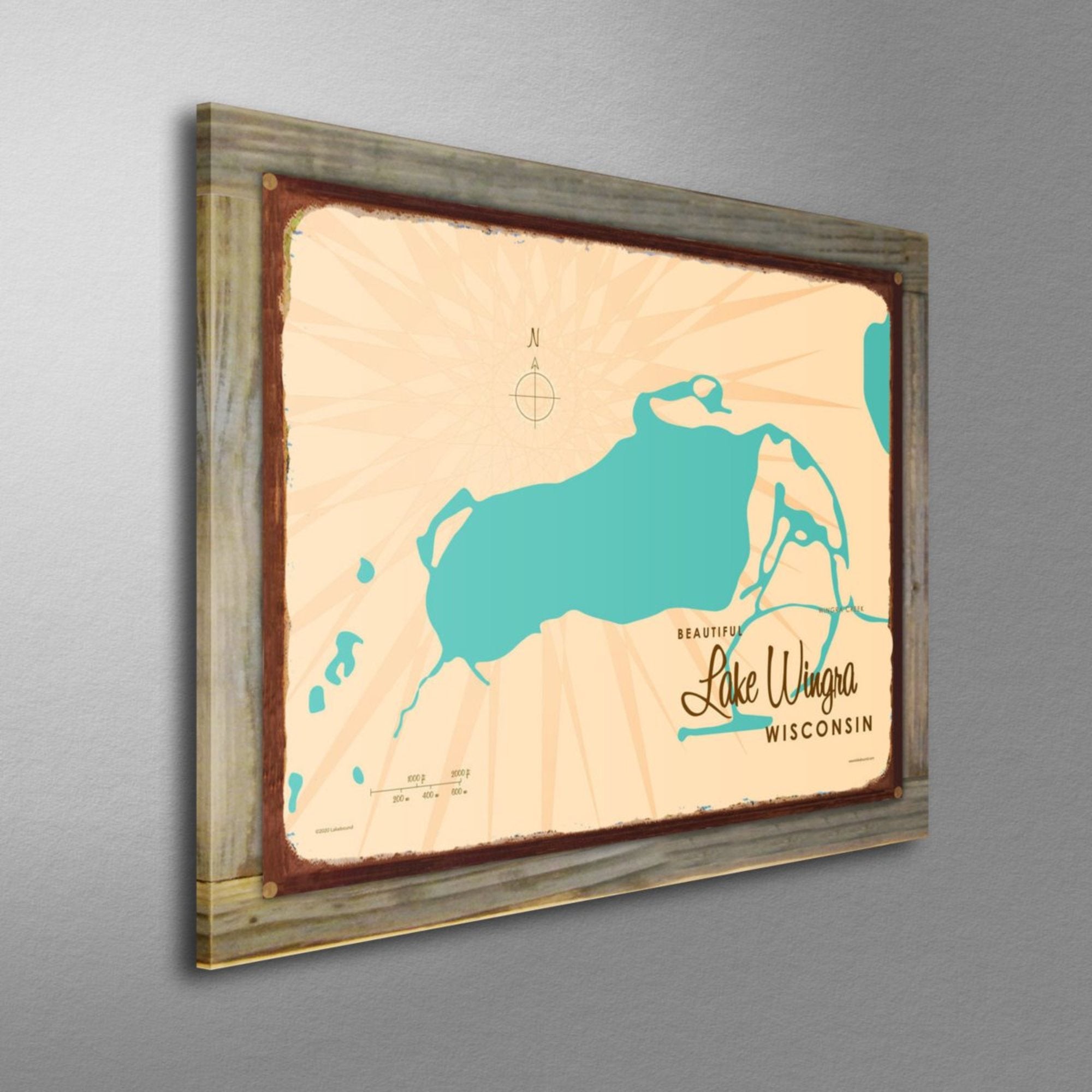 Lake Wingra Wisconsin, Wood-Mounted Rustic Metal Sign Map Art