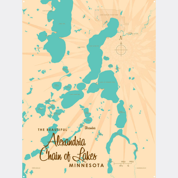 Alexandria Chain of Lakes Minnesota, Metal Sign Map Art