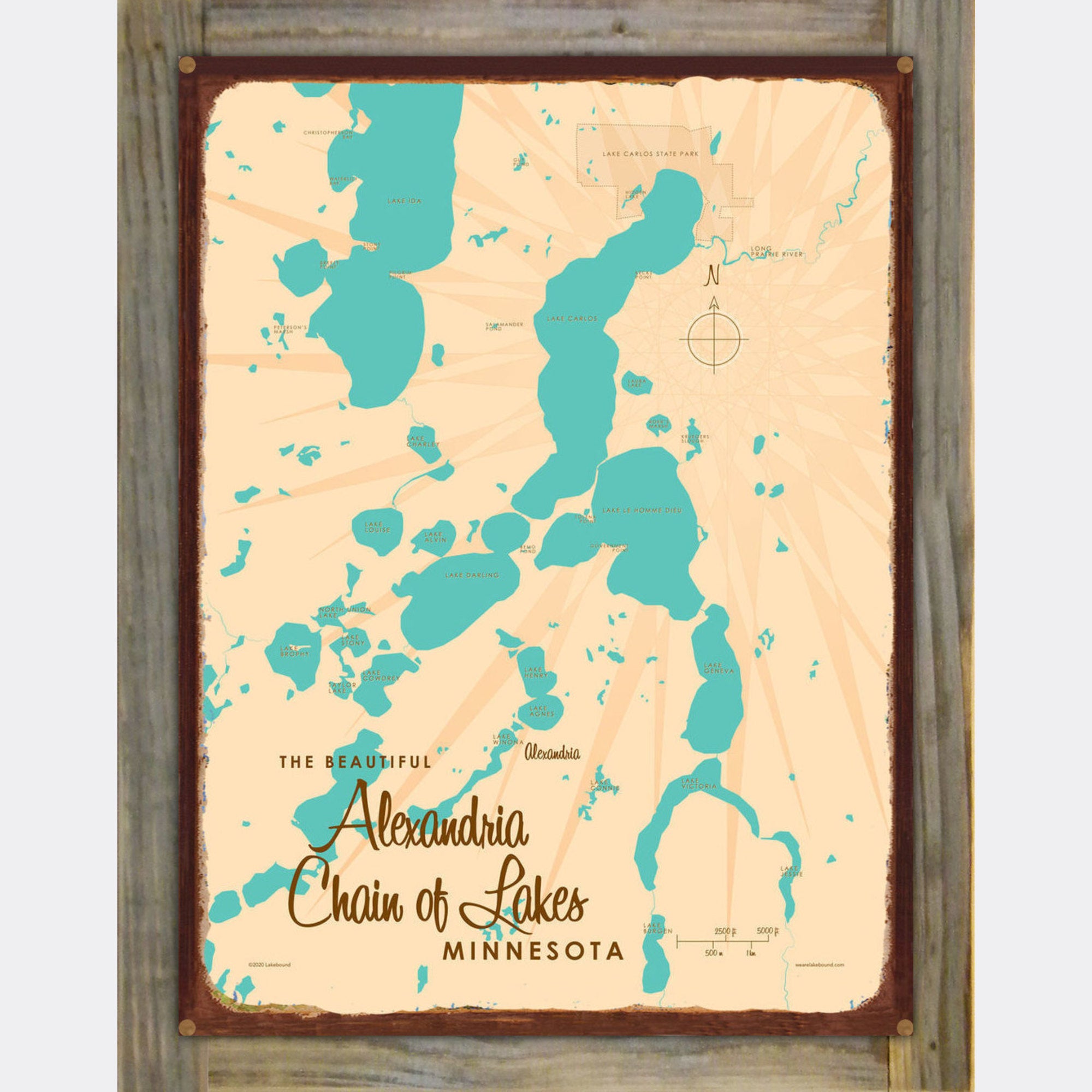 Alexandria Chain of Lakes Minnesota, Wood-Mounted Rustic Metal Sign Map Art