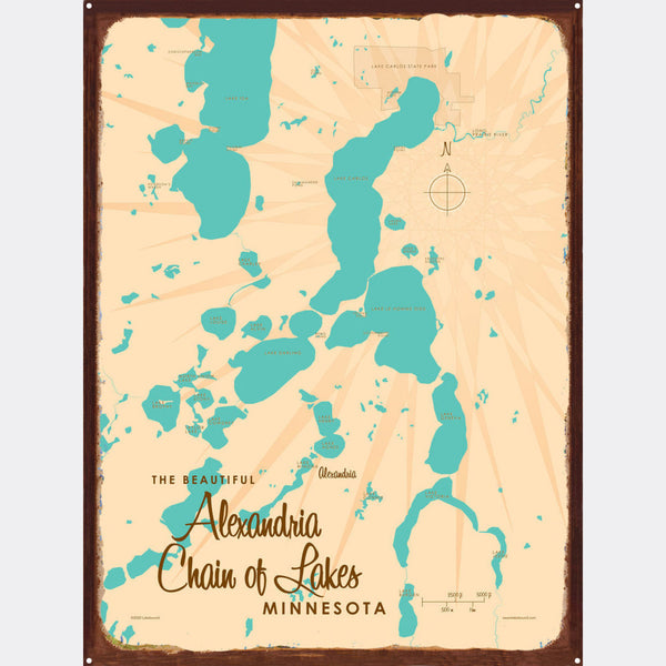 Alexandria Chain of Lakes Minnesota, Rustic Metal Sign Map Art