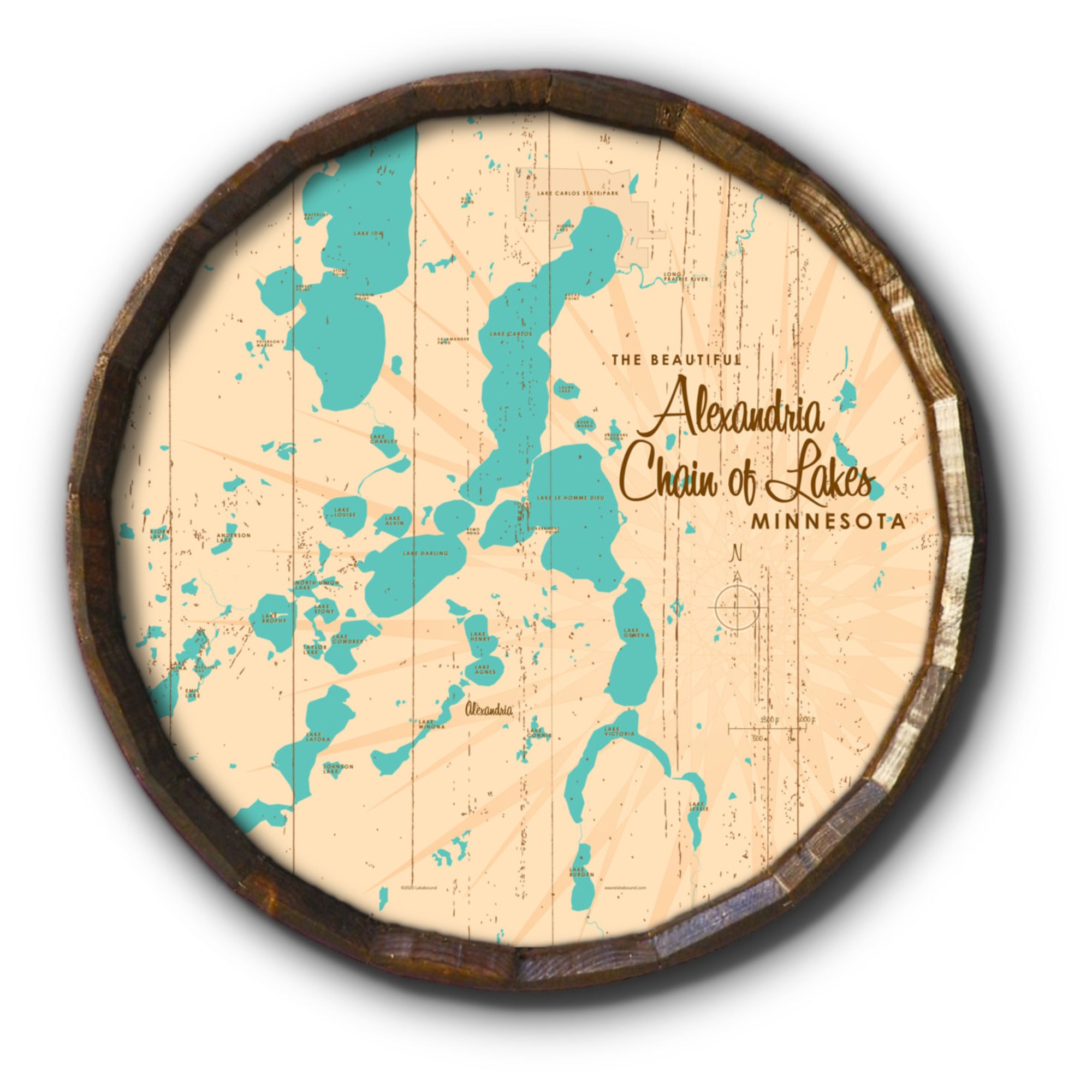Alexandria Chain of Lakes Minnesota, Rustic Barrel End Map Art