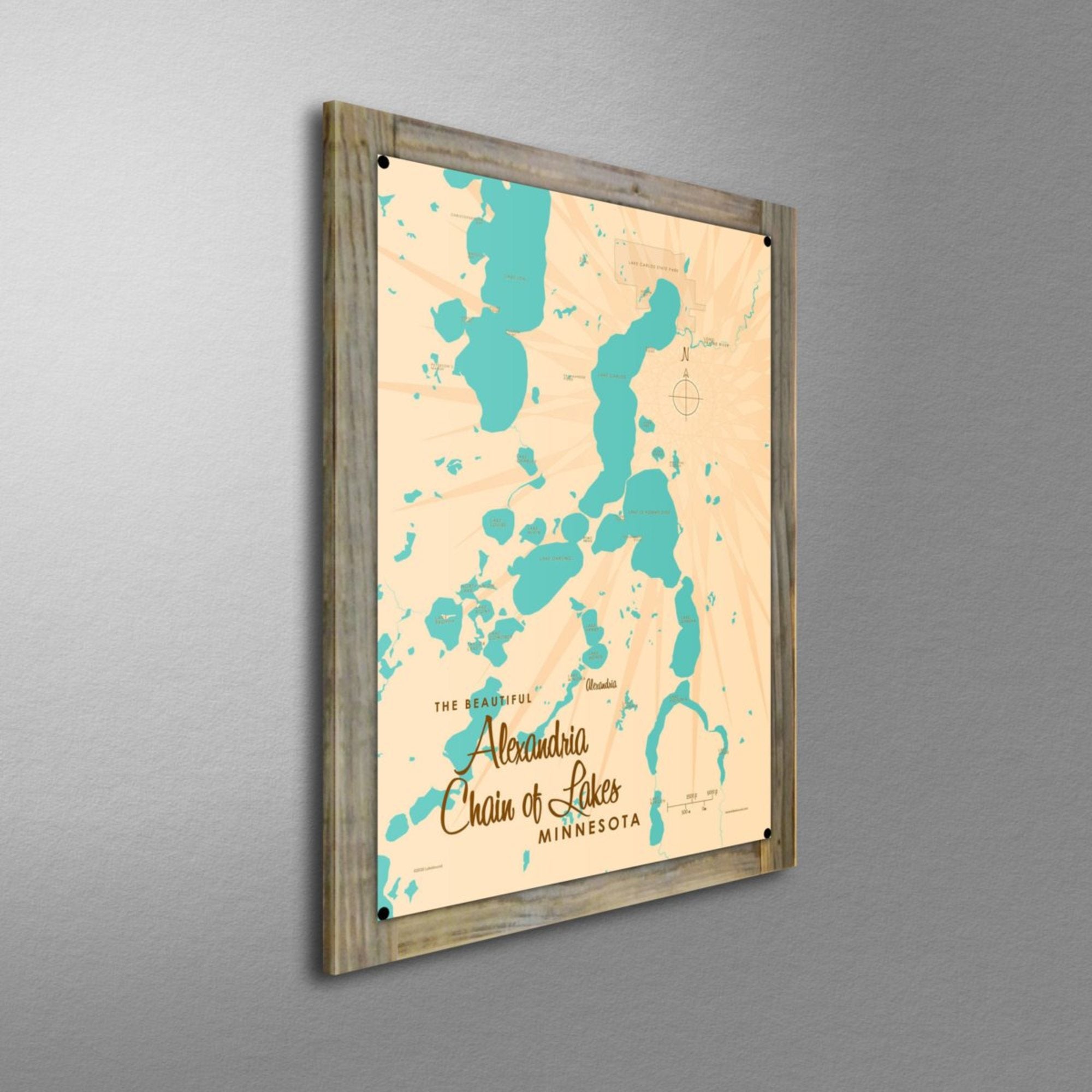 Alexandria Chain of Lakes Minnesota, Wood-Mounted Metal Sign Map Art