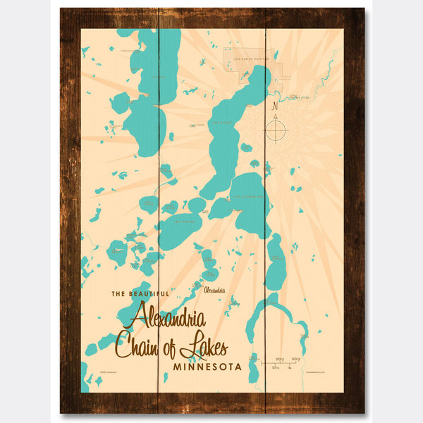 Alexandria Chain of Lakes Minnesota, Rustic Wood Sign Map Art