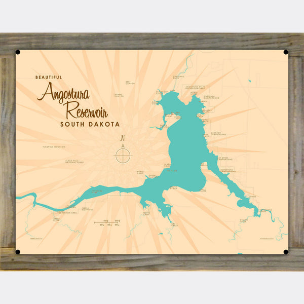 Angostura Reservoir South Dakota, Wood-Mounted Metal Sign Map Art