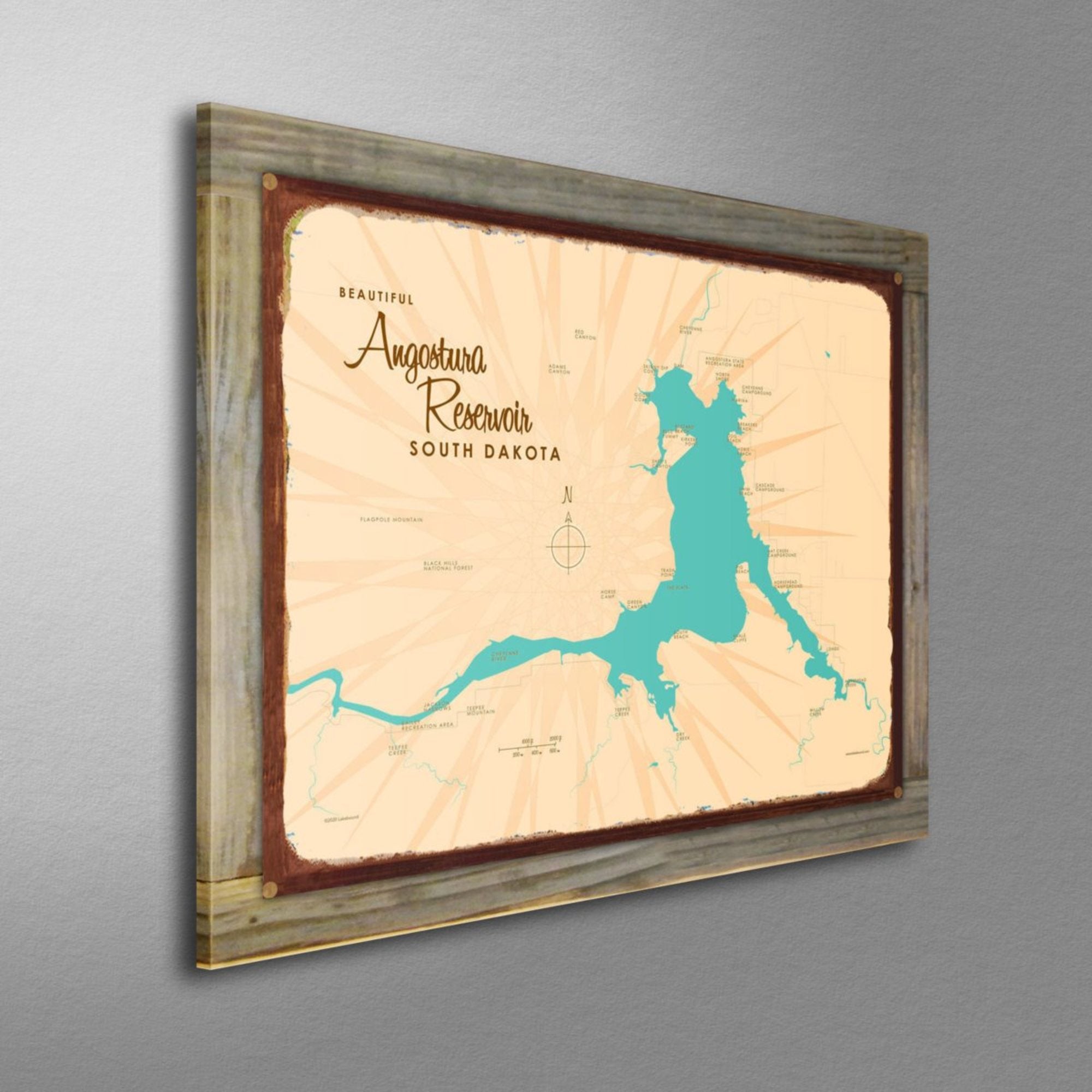 Angostura Reservoir South Dakota, Wood-Mounted Rustic Metal Sign Map Art