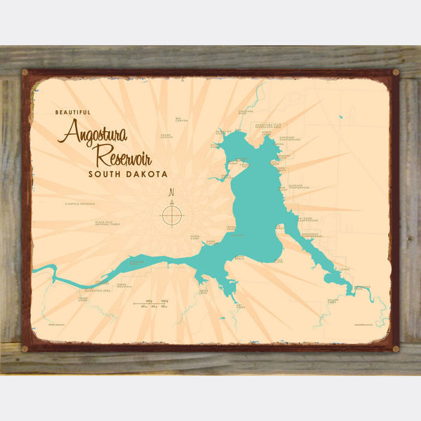 Angostura Reservoir South Dakota, Wood-Mounted Rustic Metal Sign Map Art