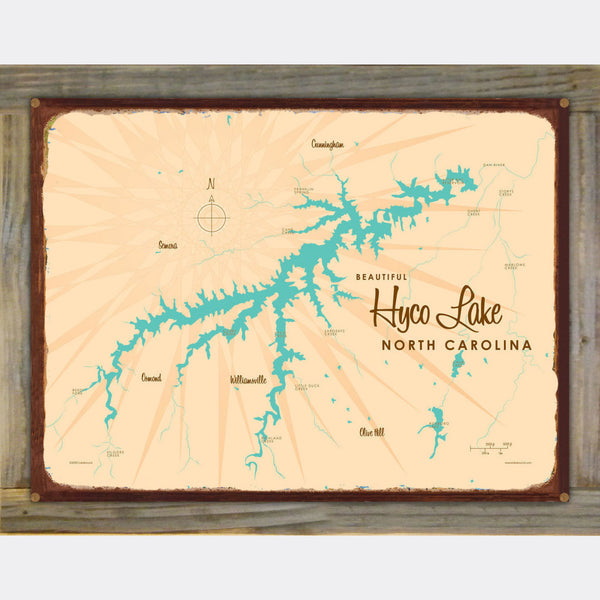 Hyco Lake North Carolina, Wood-Mounted Rustic Metal Sign Map Art